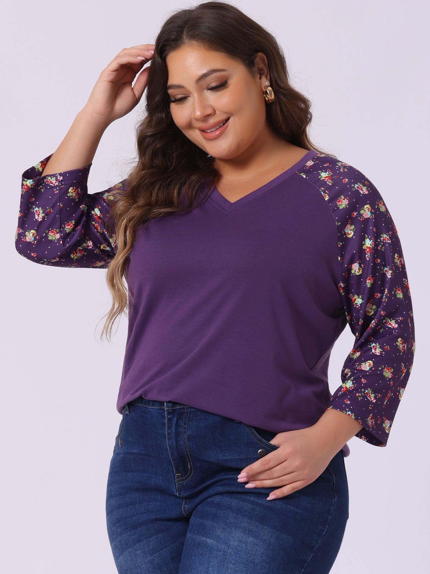 Women's Plus Size Top Casual V Neck 3/4 Sleeve Floral Raglan Top T-Shirt