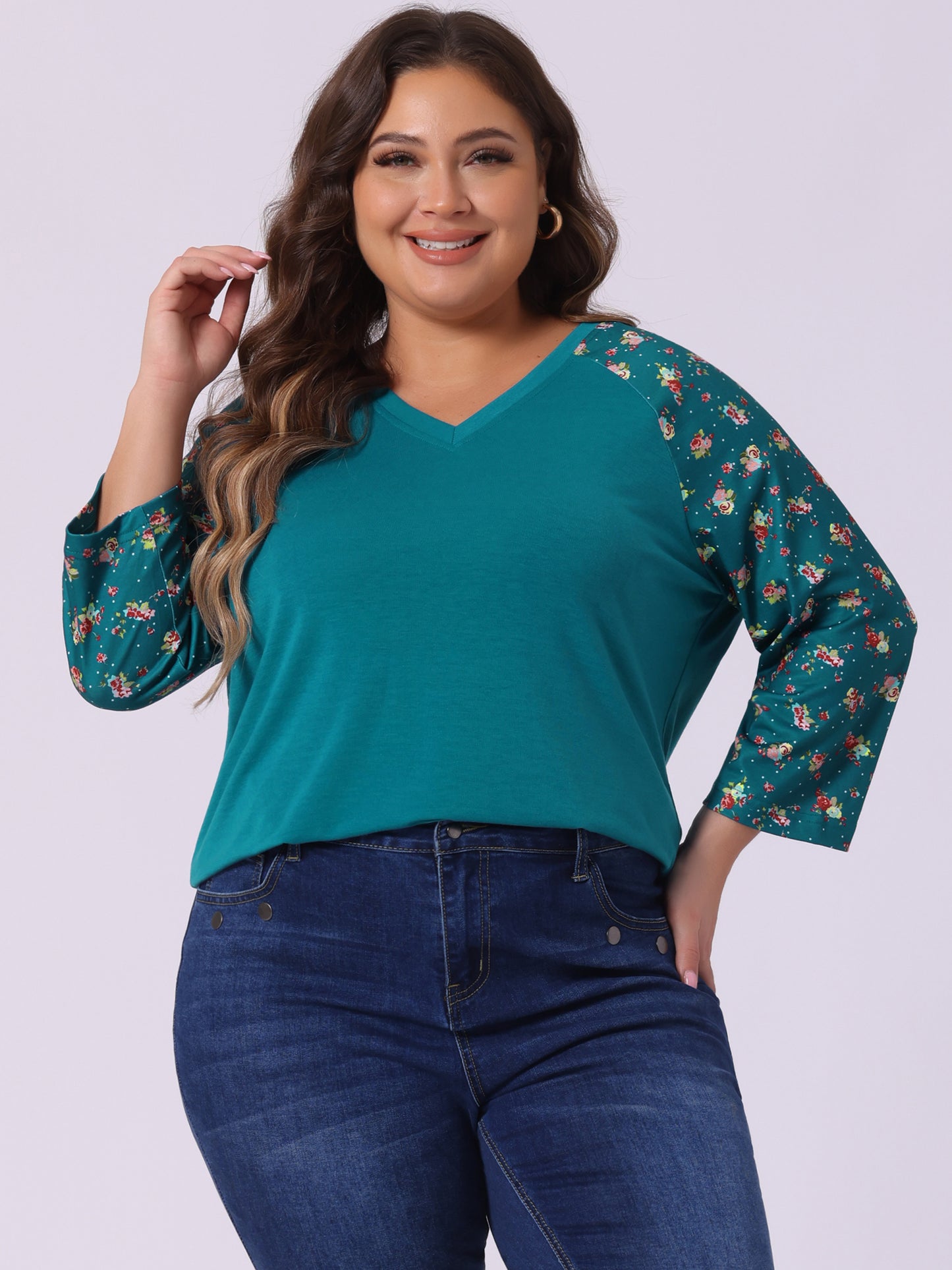 Women's Plus Size Top Casual V Neck 3/4 Sleeve Floral Raglan Top T-Shirt