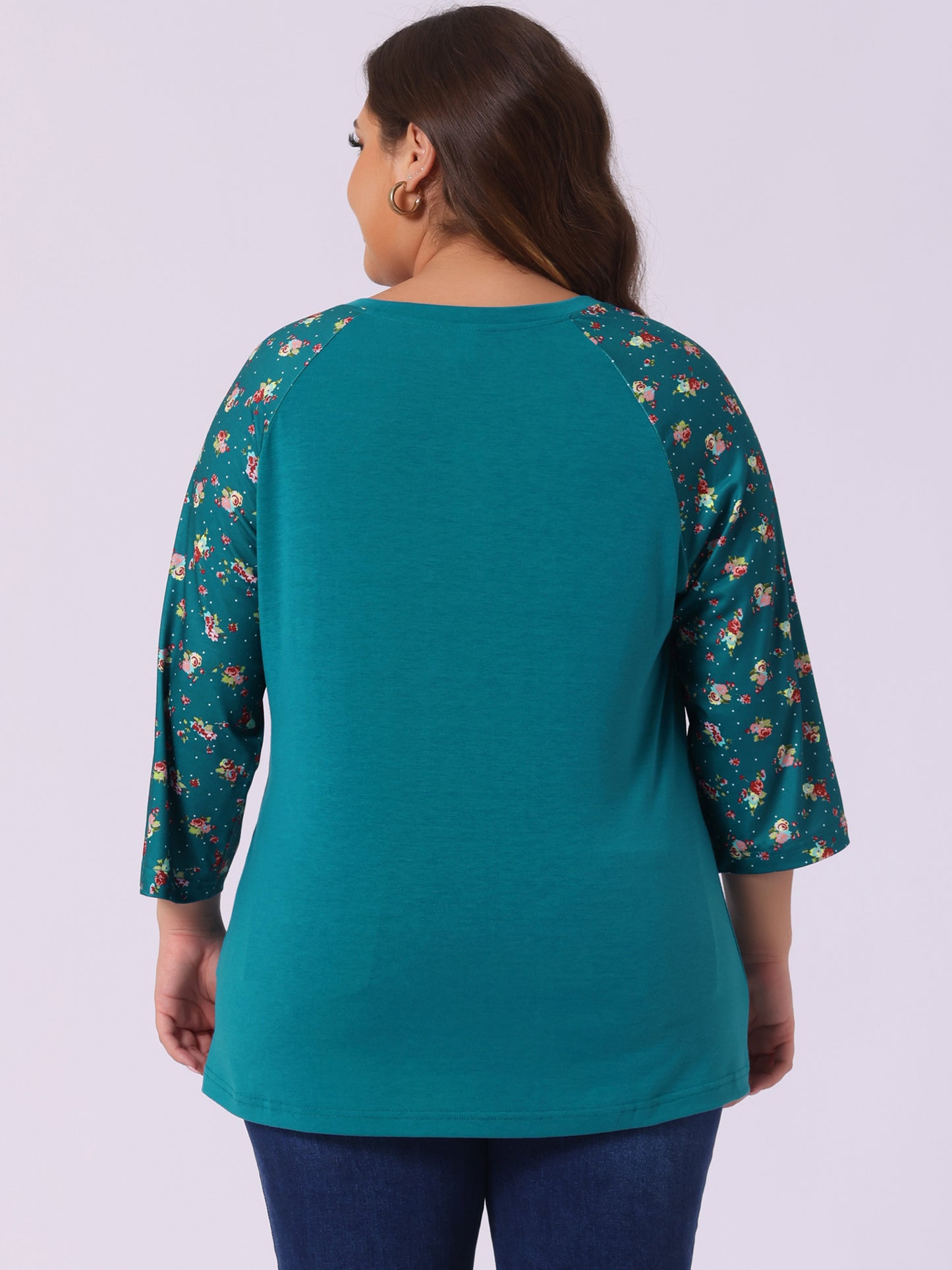 Women's Plus Size Top Casual V Neck 3/4 Sleeve Floral Raglan Top T-Shirt