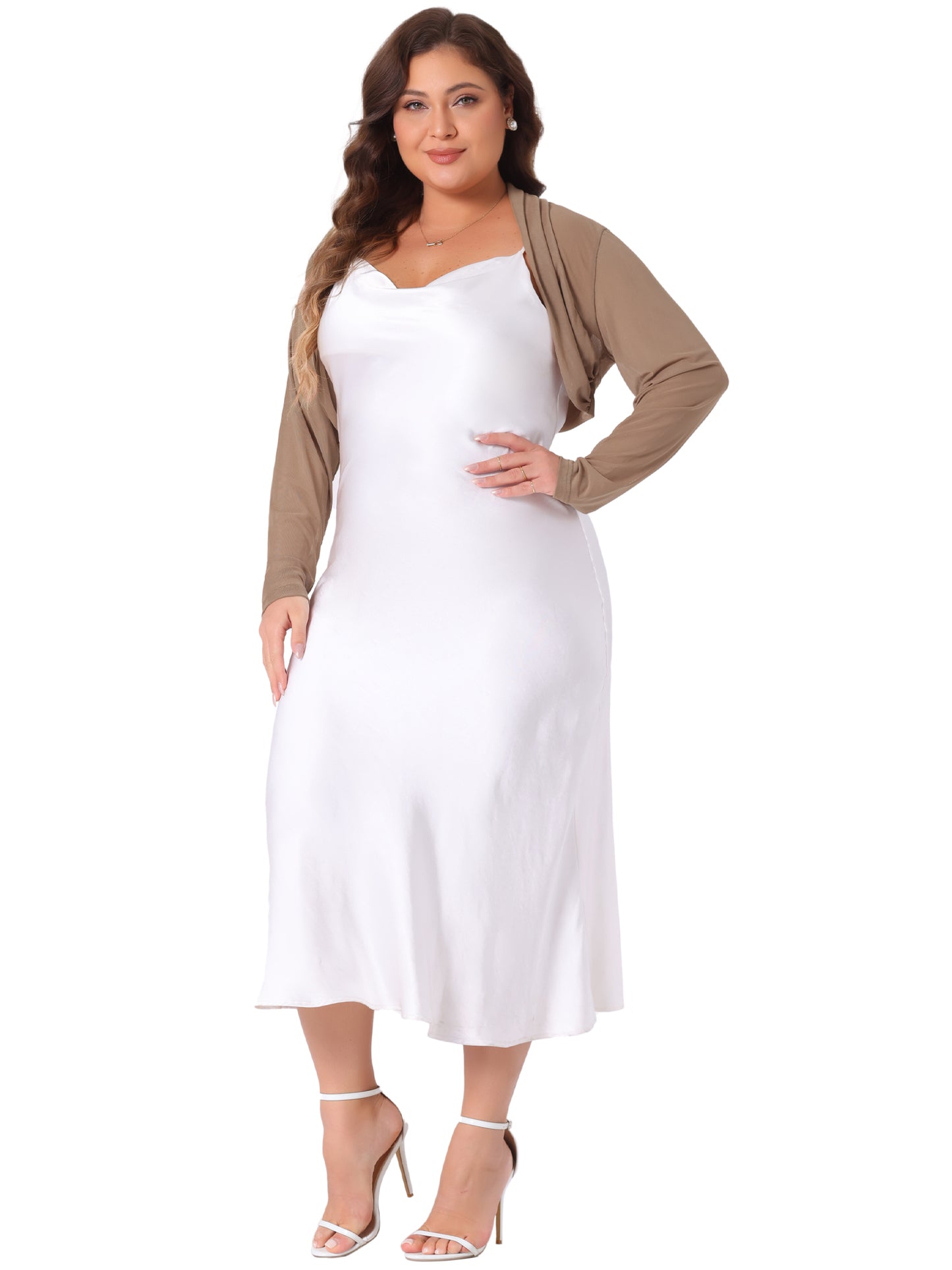 Women Plus Size Mesh Crop Cardigans Long Sleeve Open Front See Through Sheer Bolero Shrug Top