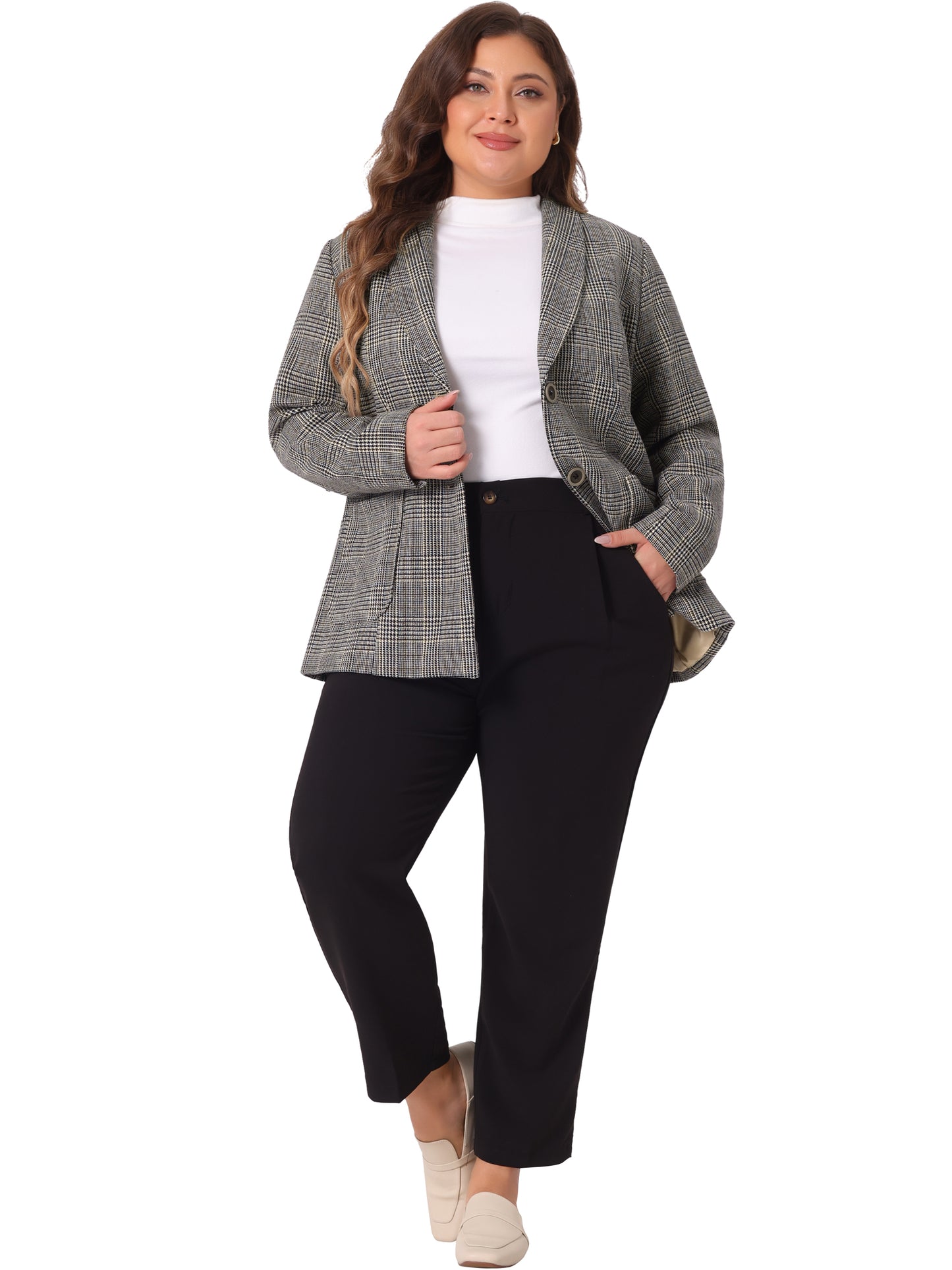 Blazer a cuadros de talla grande para mujer, chaqueta de solapa, blazer de oficina de botonadura sencilla