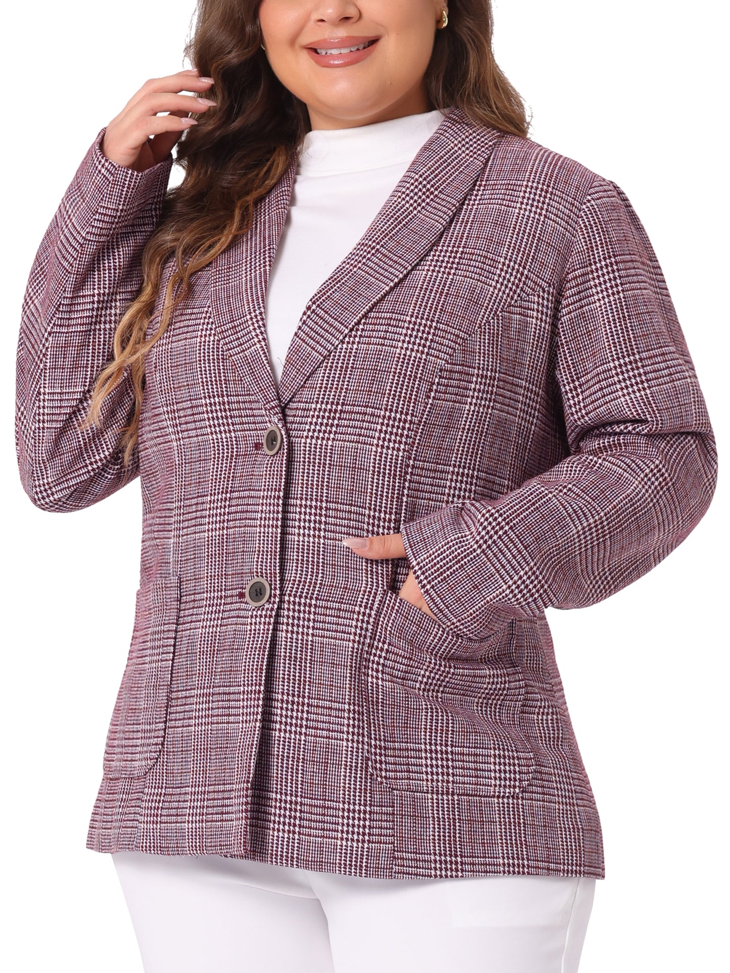 Women Plus Size Plaid Blazer Lapel Jacket Work Office Single Breasted Blazers
