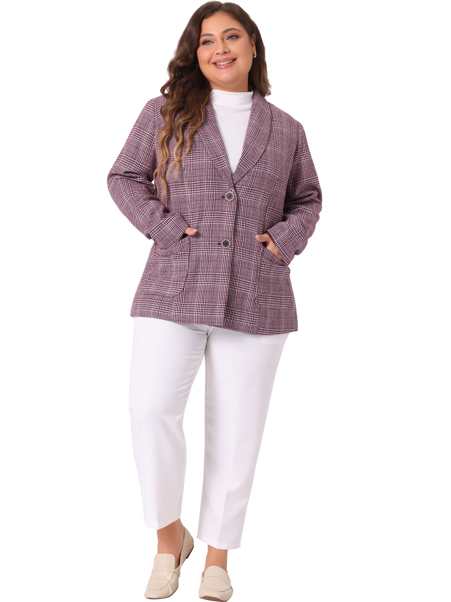 Women Plus Size Plaid Blazer Lapel Jacket Work Office Single Breasted Blazers