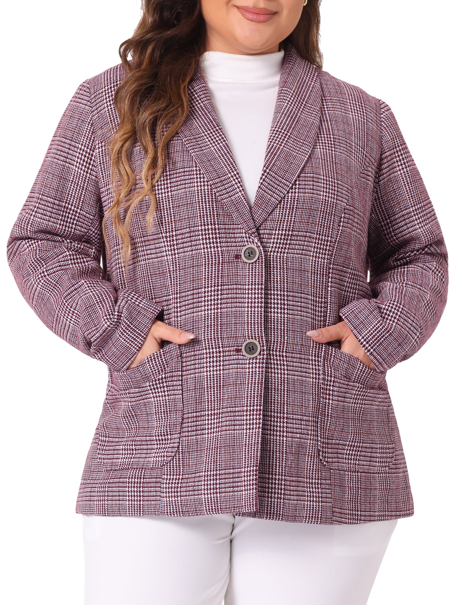 Women Plus Size Plaid Blazer Lapel Jacket Work Office Single Breasted Blazers