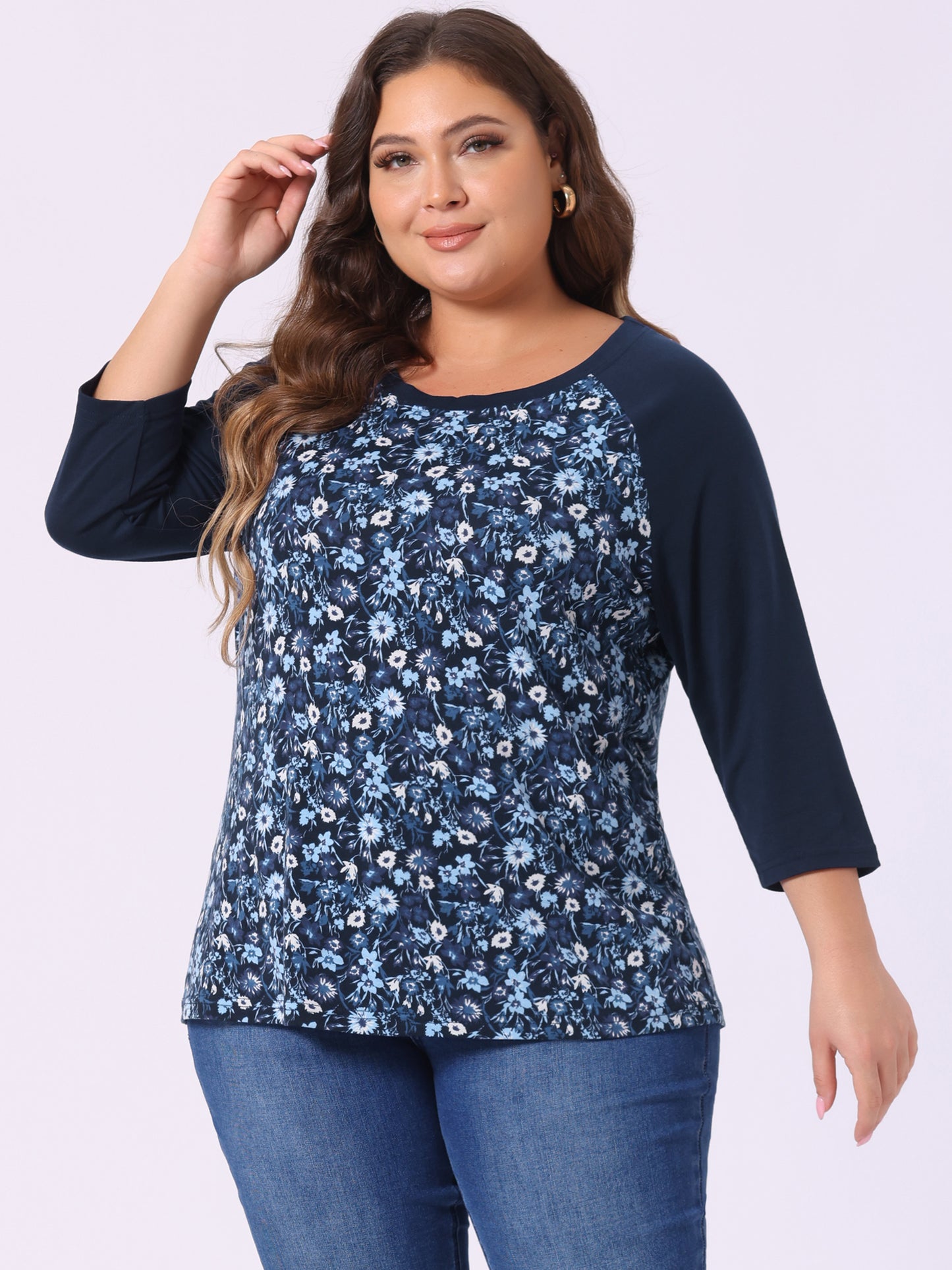 Women's Plus Size Raglan Crewneck 3/4 Sleeve Tunic Tee Shirt Floral Print T-Shirt Casual Top