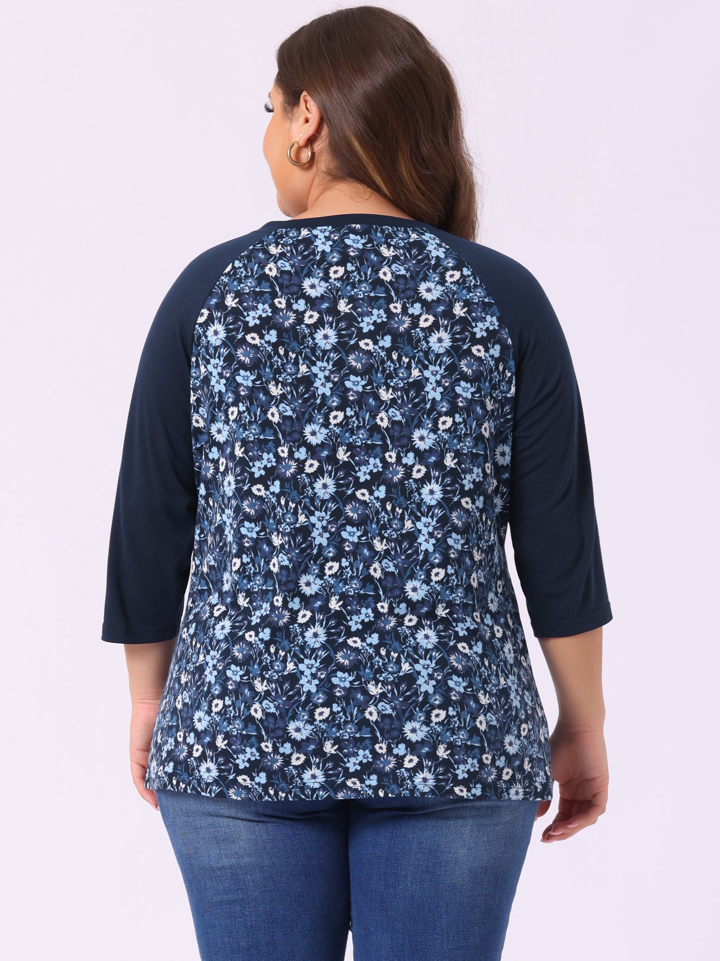 Women's Plus Size Raglan Crewneck 3/4 Sleeve Tunic Tee Shirt Floral Print T-Shirt Casual Top