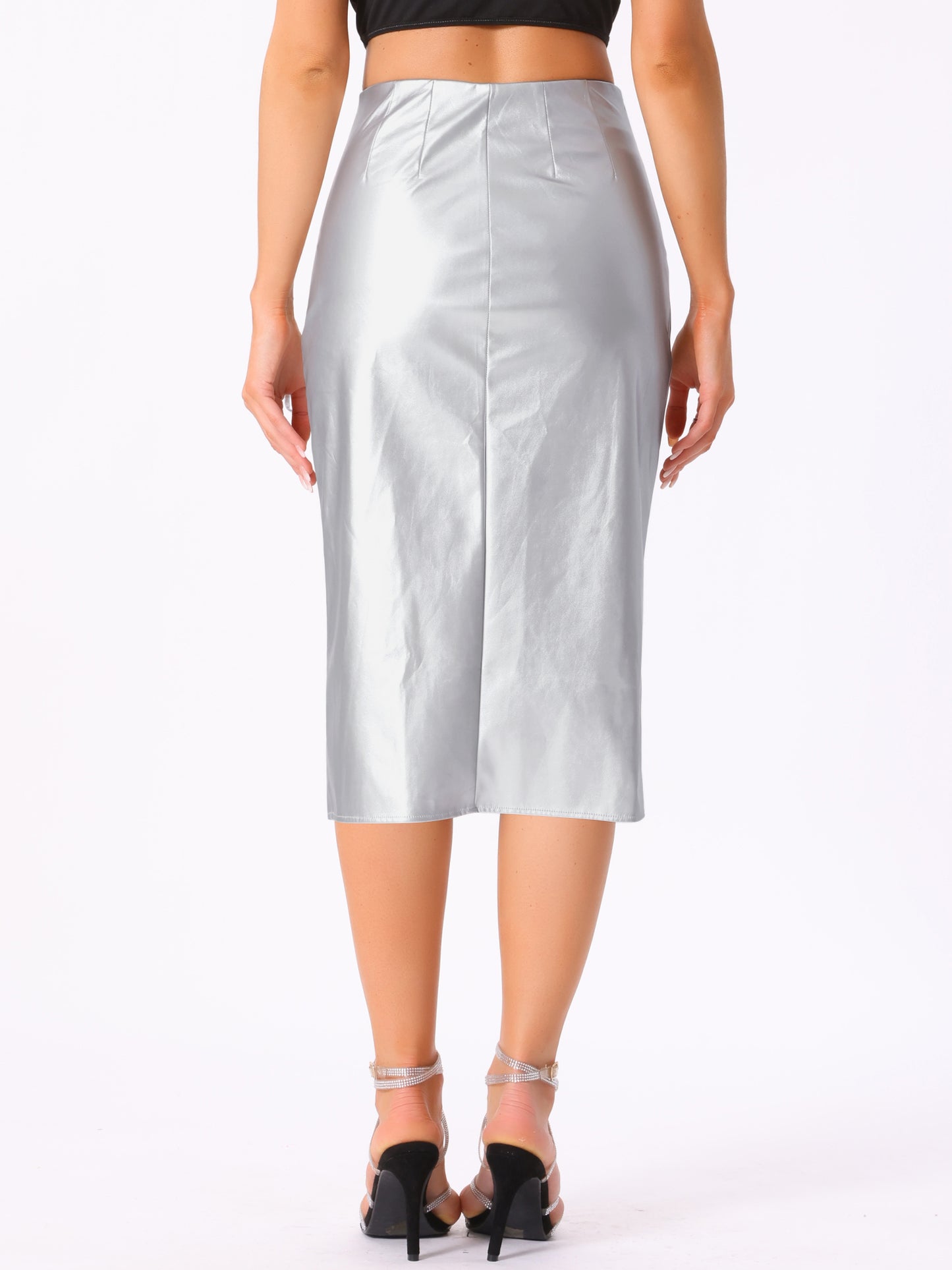 Women Faux Leather Skirts High Waisted Side Slit Bodycon Pencil Midi Skirt