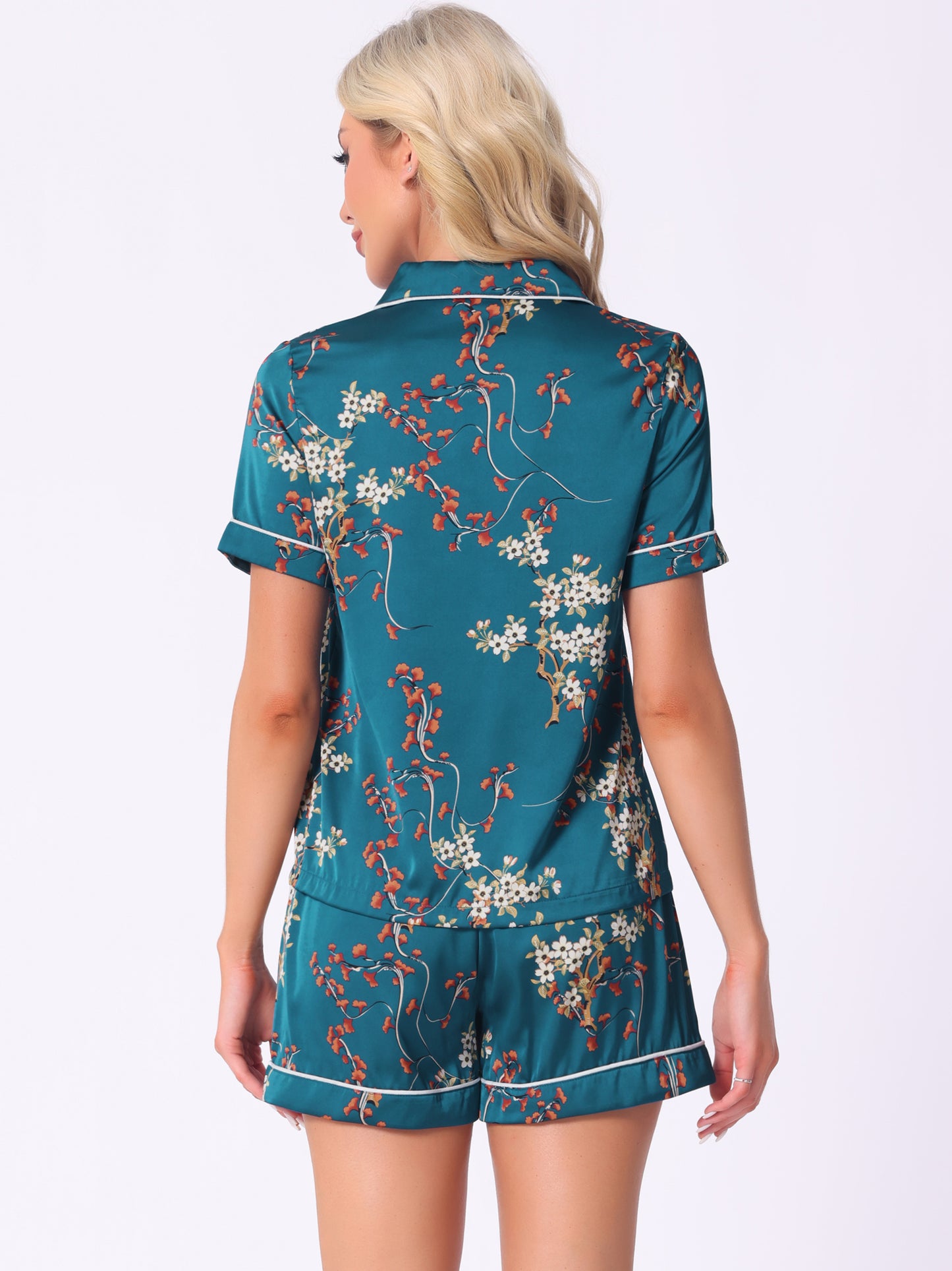Women's Summer Loungewear Sleepwear Button Down Hawaiian Shirt with Shorts Pajama Set