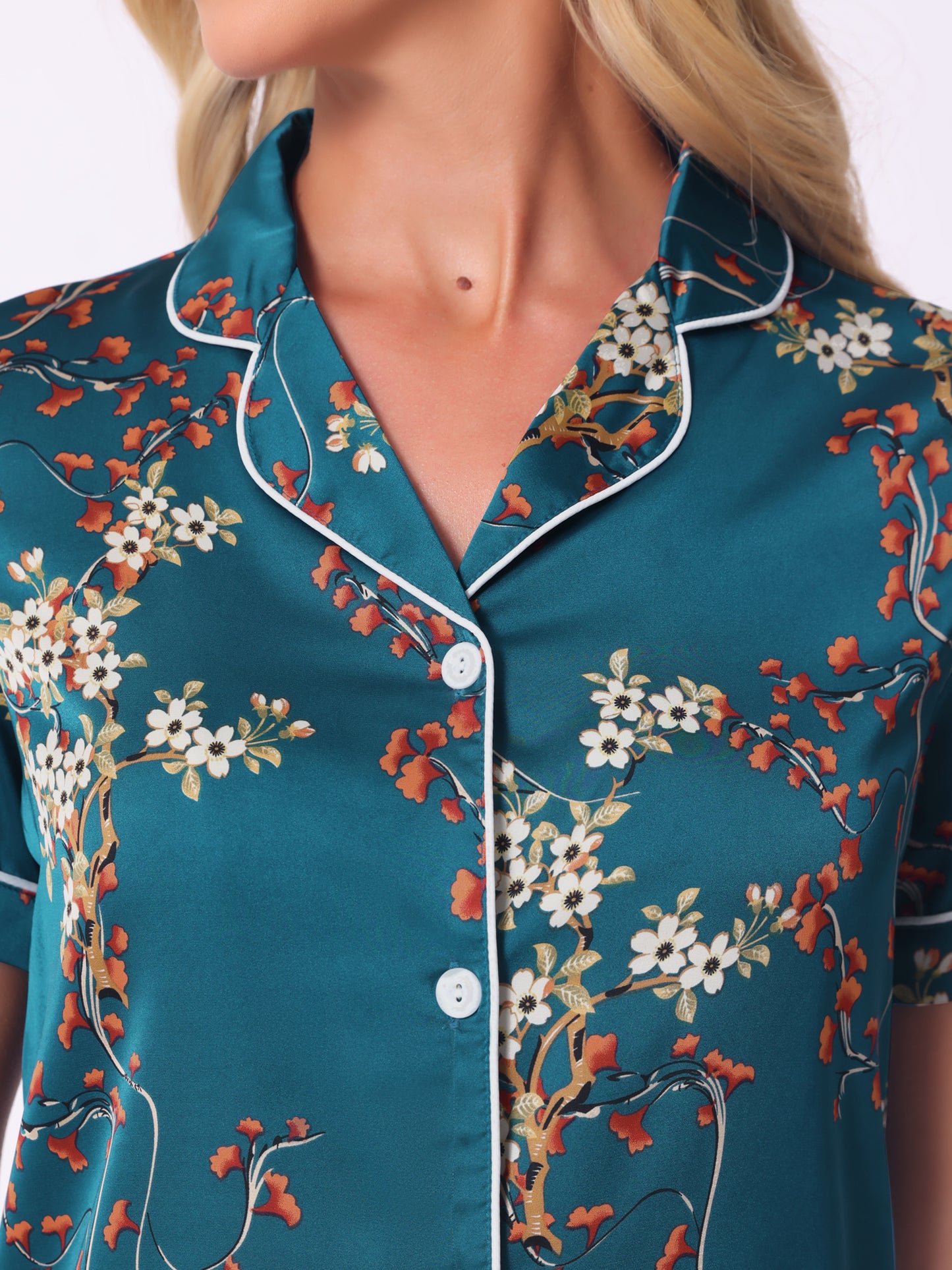 Women's Summer Loungewear Sleepwear Button Down Hawaiian Shirt with Shorts Pajama Set