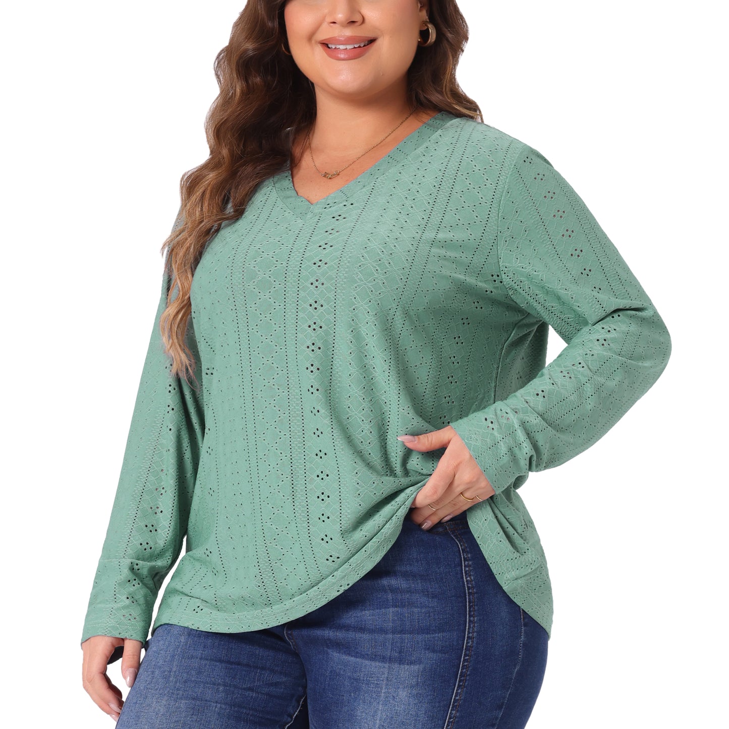 Women Plus Size Tops V Neck Long Sleeve Hollow Eyelet Tops Blouse Pullover T-Shirt