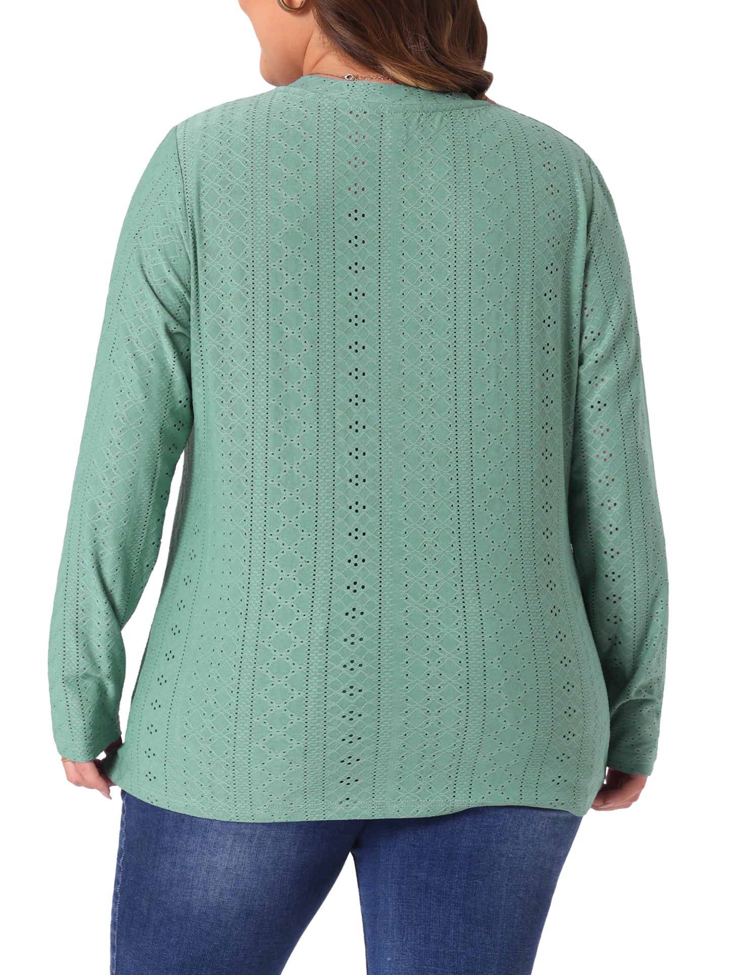 Women Plus Size Tops V Neck Long Sleeve Hollow Eyelet Tops Blouse Pullover T-Shirt