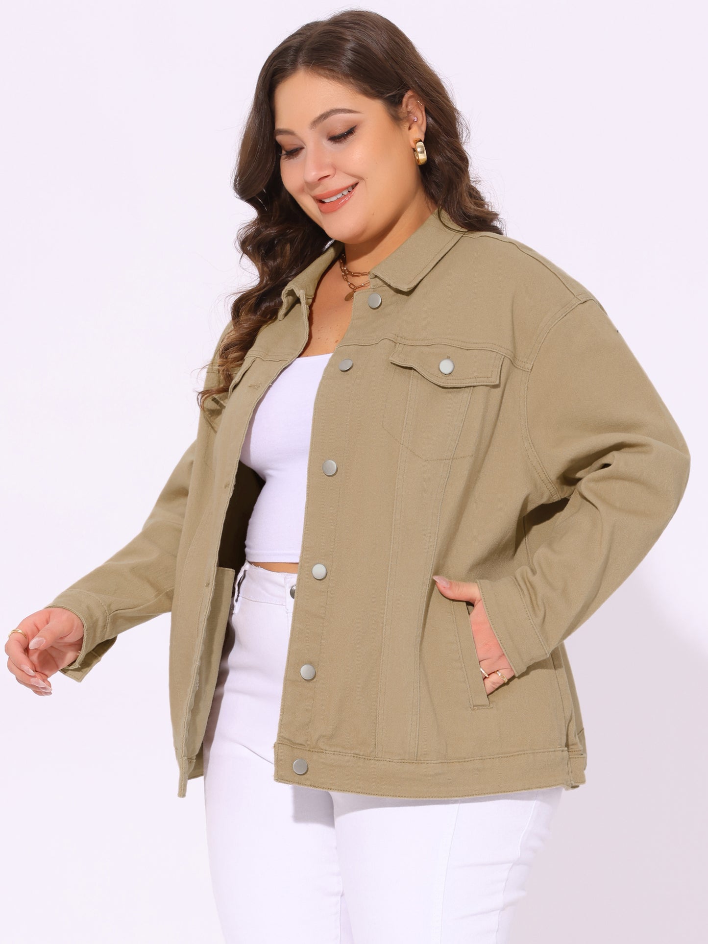 Women's Plus Size Jean Jacket Stitching Button Front Washed Denim Jacket