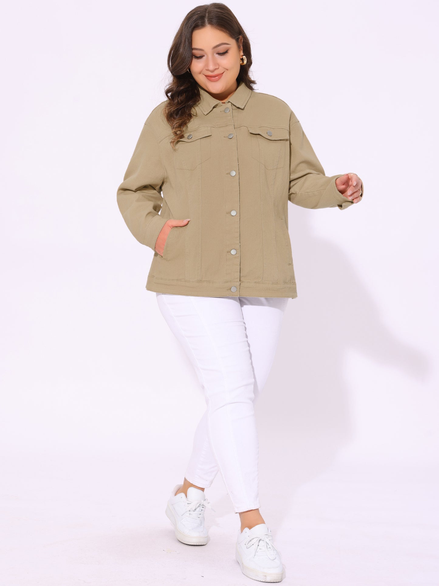 Women's Plus Size Jean Jacket Stitching Button Front Washed Denim Jacket