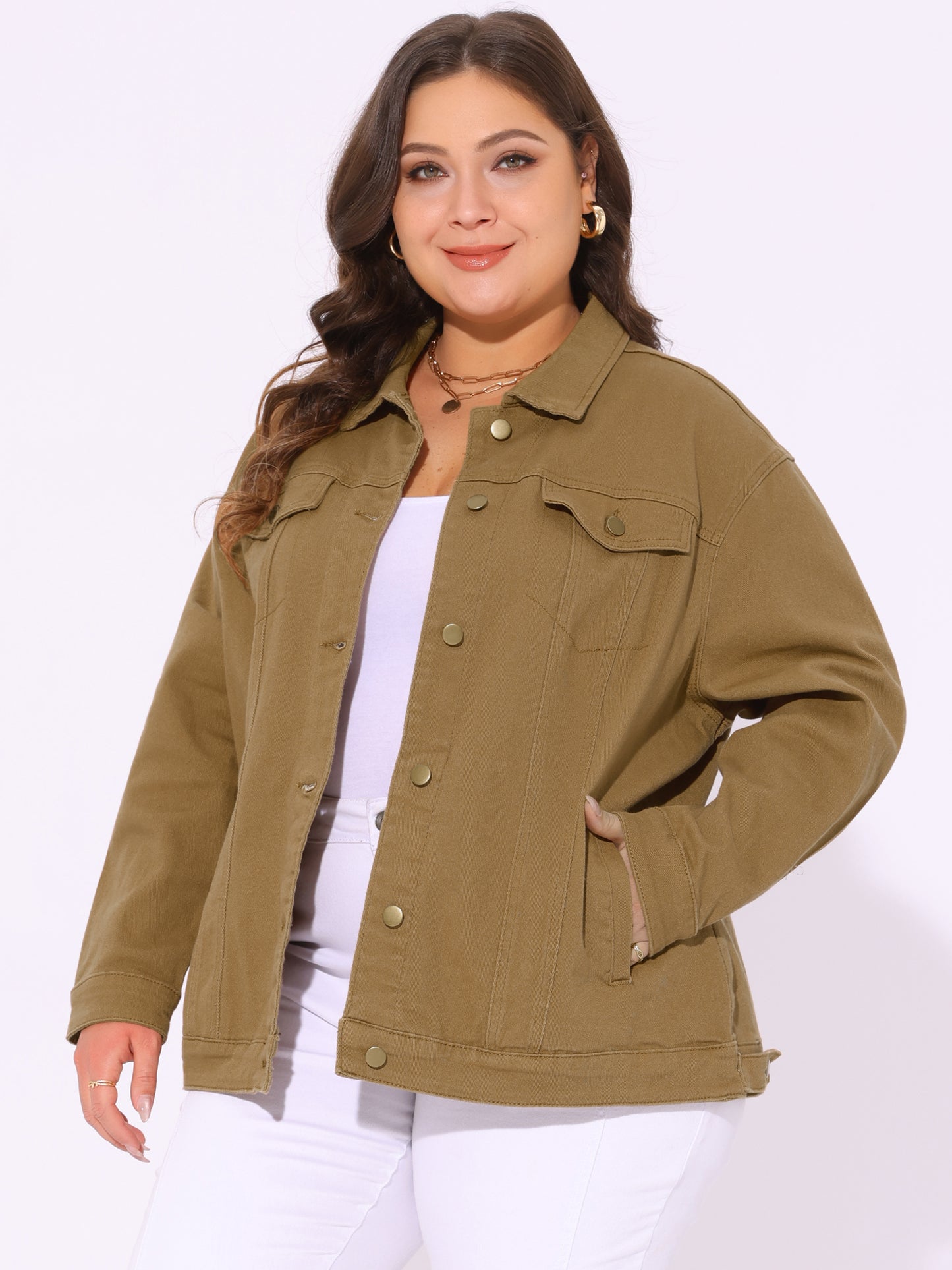Women's Plus Size Jean Jacket Stitching Button Front Washed Denim Jacket