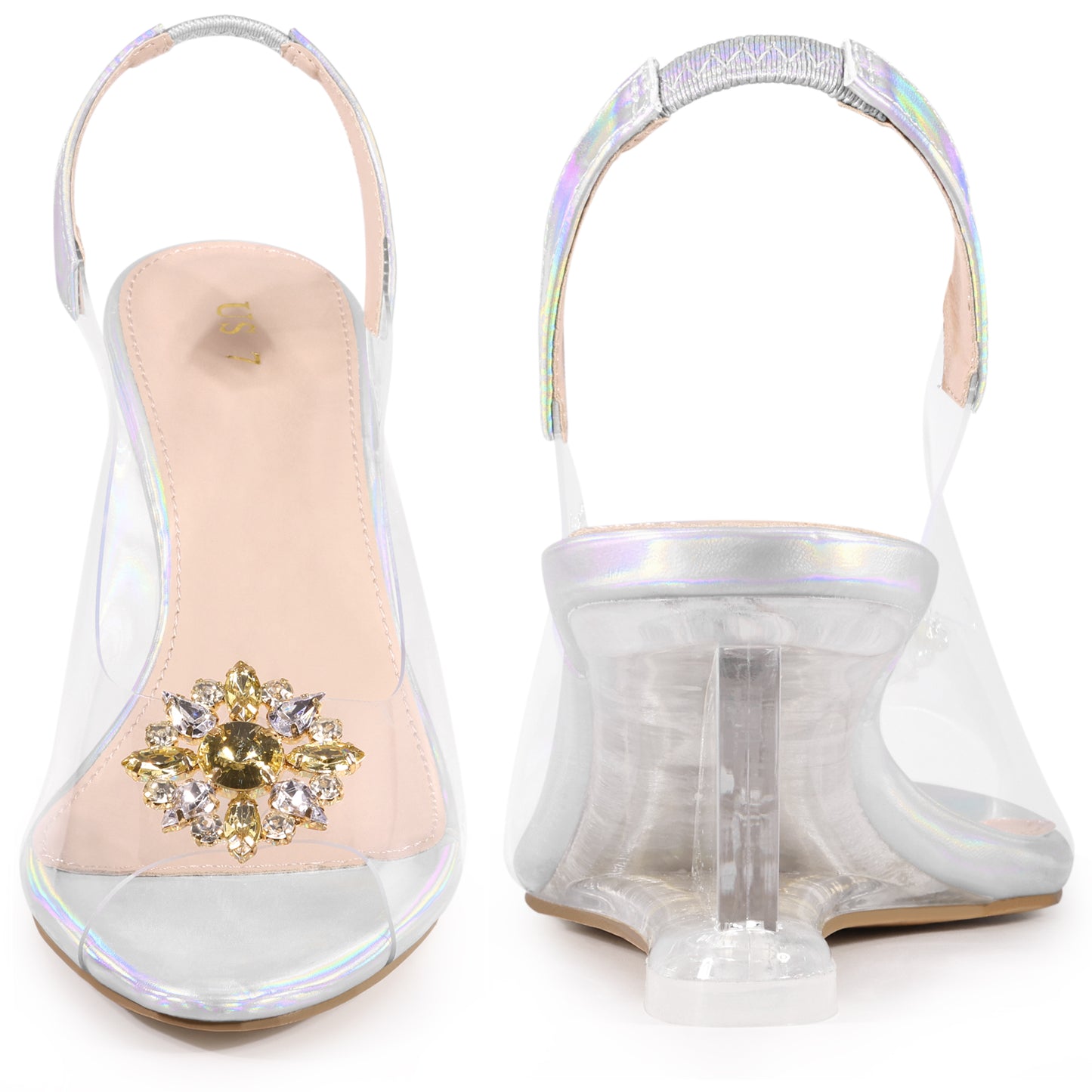 Sandalias de cuña con tacón bajo y tira trasera con diamantes de imitación transparentes para mujer