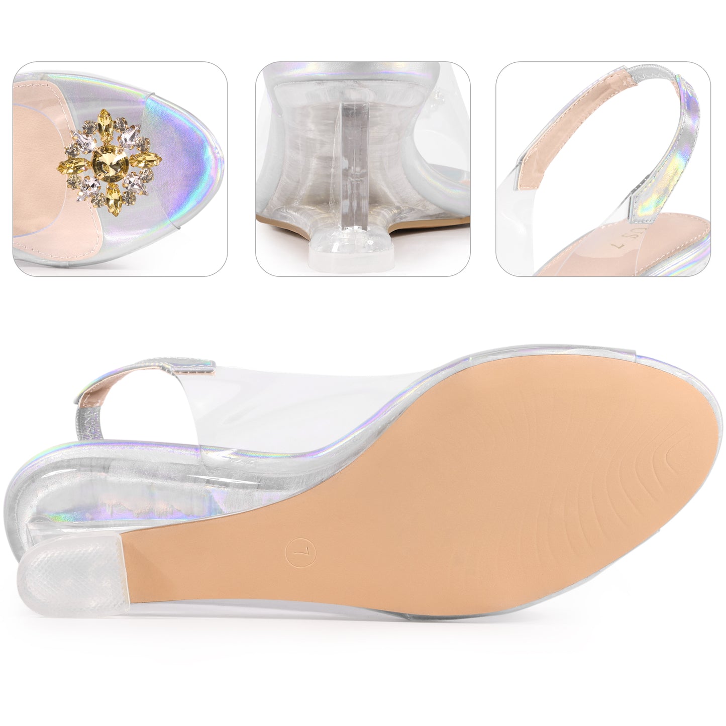 Sandalias de cuña con tacón bajo y tira trasera con diamantes de imitación transparentes para mujer
