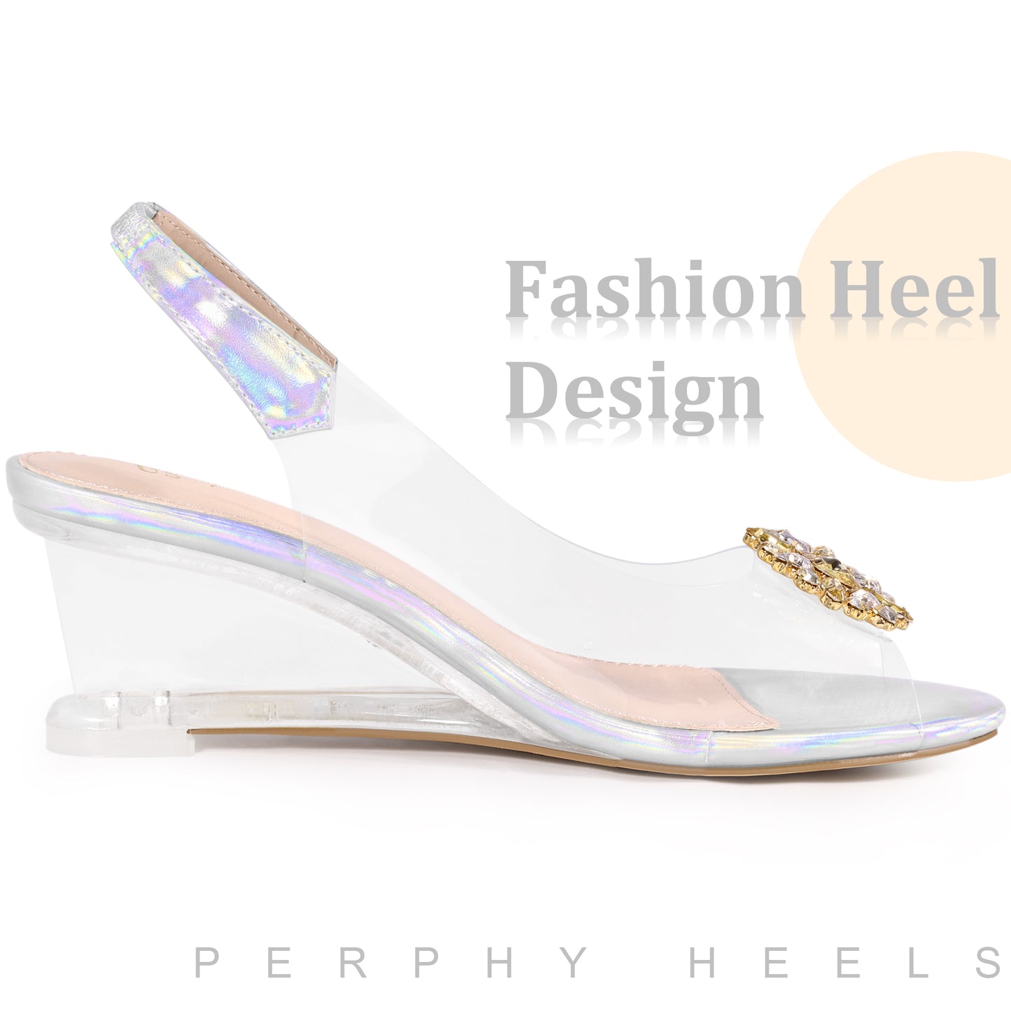 Sandalias de cuña con tacón bajo y tira trasera con diamantes de imitación transparentes para mujer