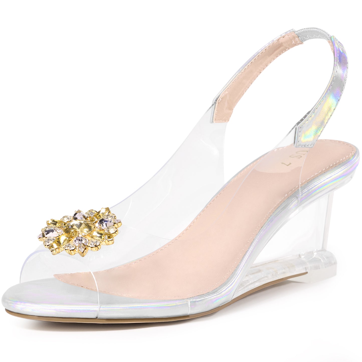 Sandalias de cuña con tacón bajo y tira trasera con diamantes de imitación transparentes para mujer