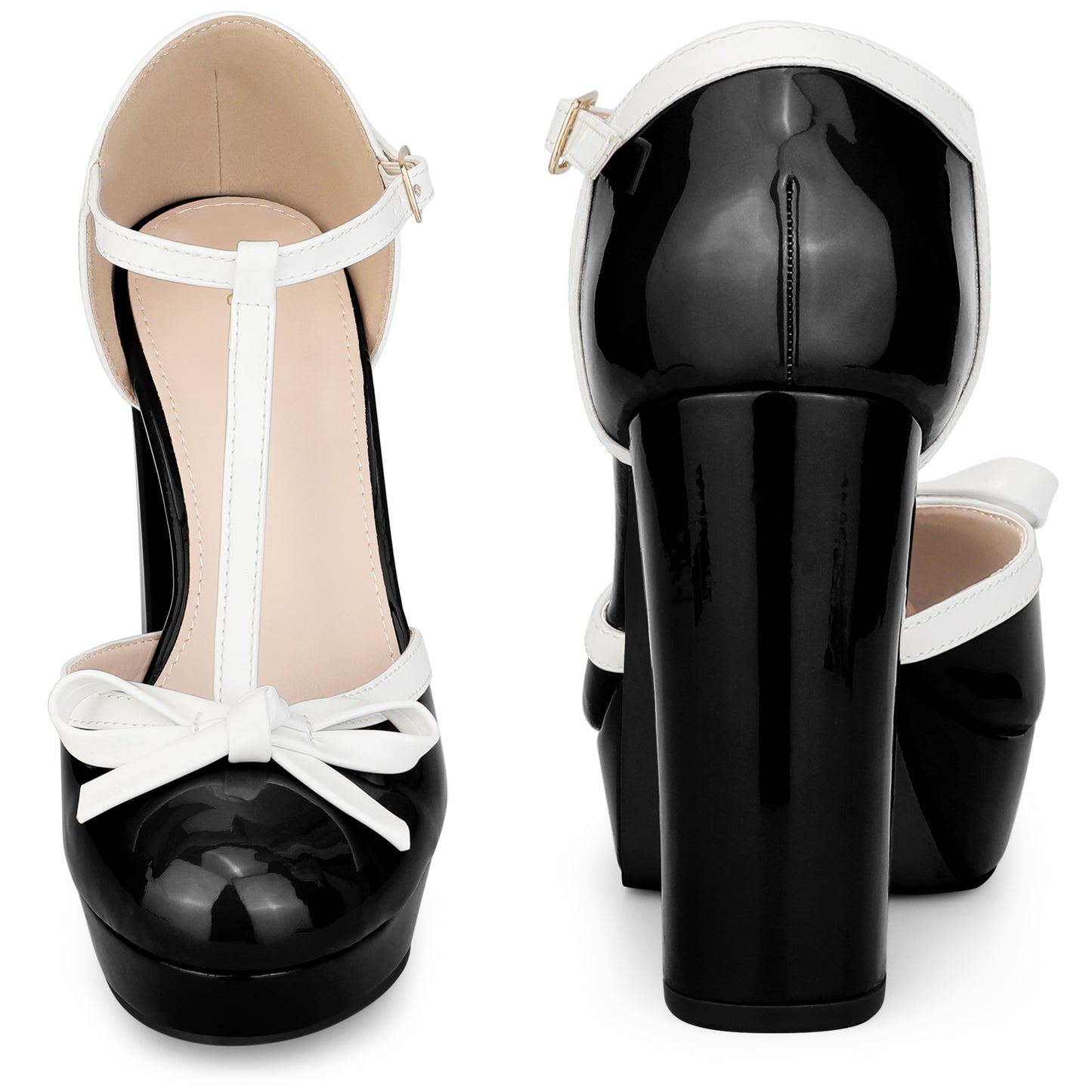 Women Bow T-Strap Platform Chunky Heels Pumps