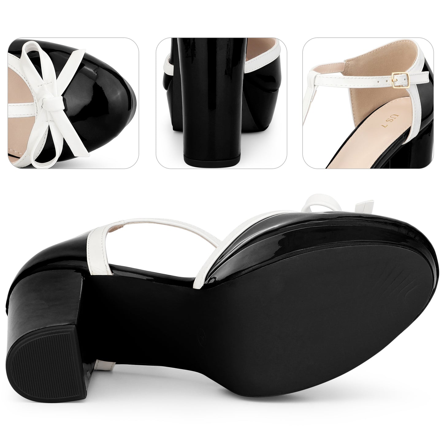 Women Bow T-Strap Platform Chunky Heels Pumps