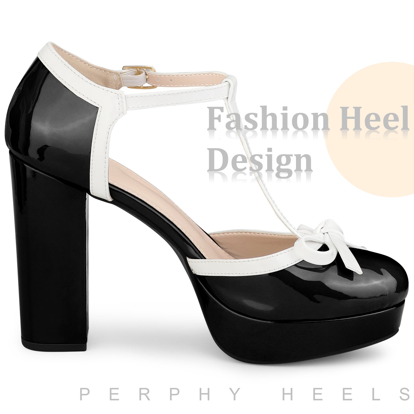 Women Bow T-Strap Platform Chunky Heels Pumps