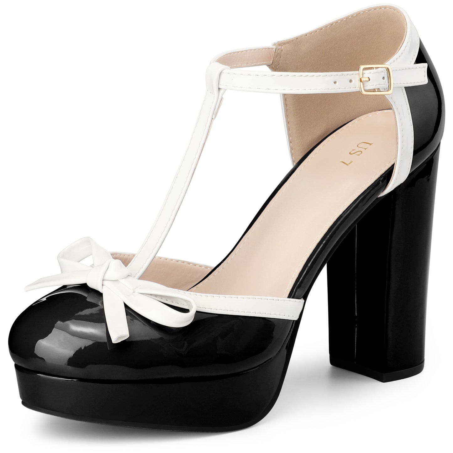 Women Bow T-Strap Platform Chunky Heels Pumps