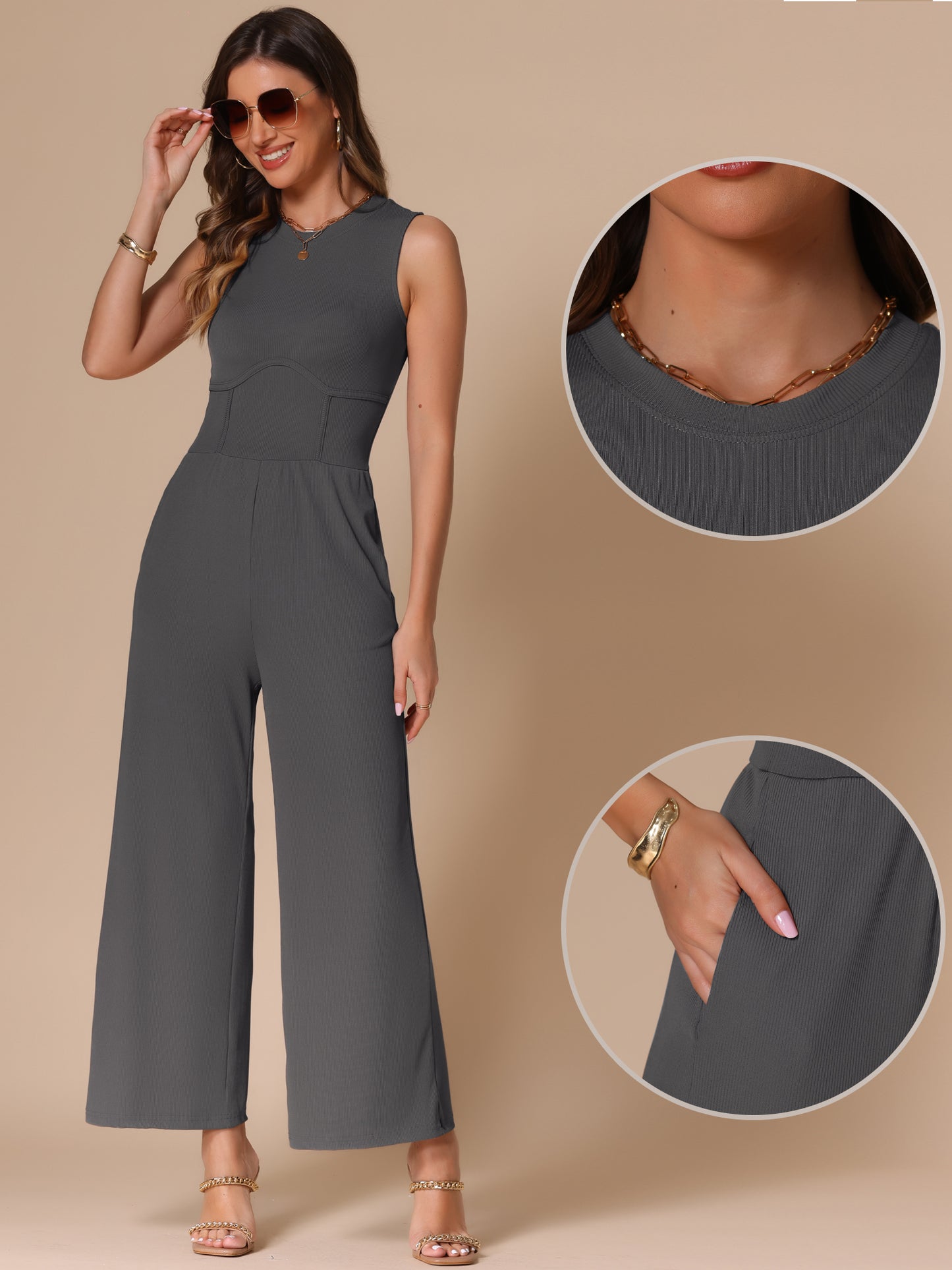 Women's Summer Jumpsuit Dressy Casual Outfits Sleeveless Crewneck Wide Leg Pants