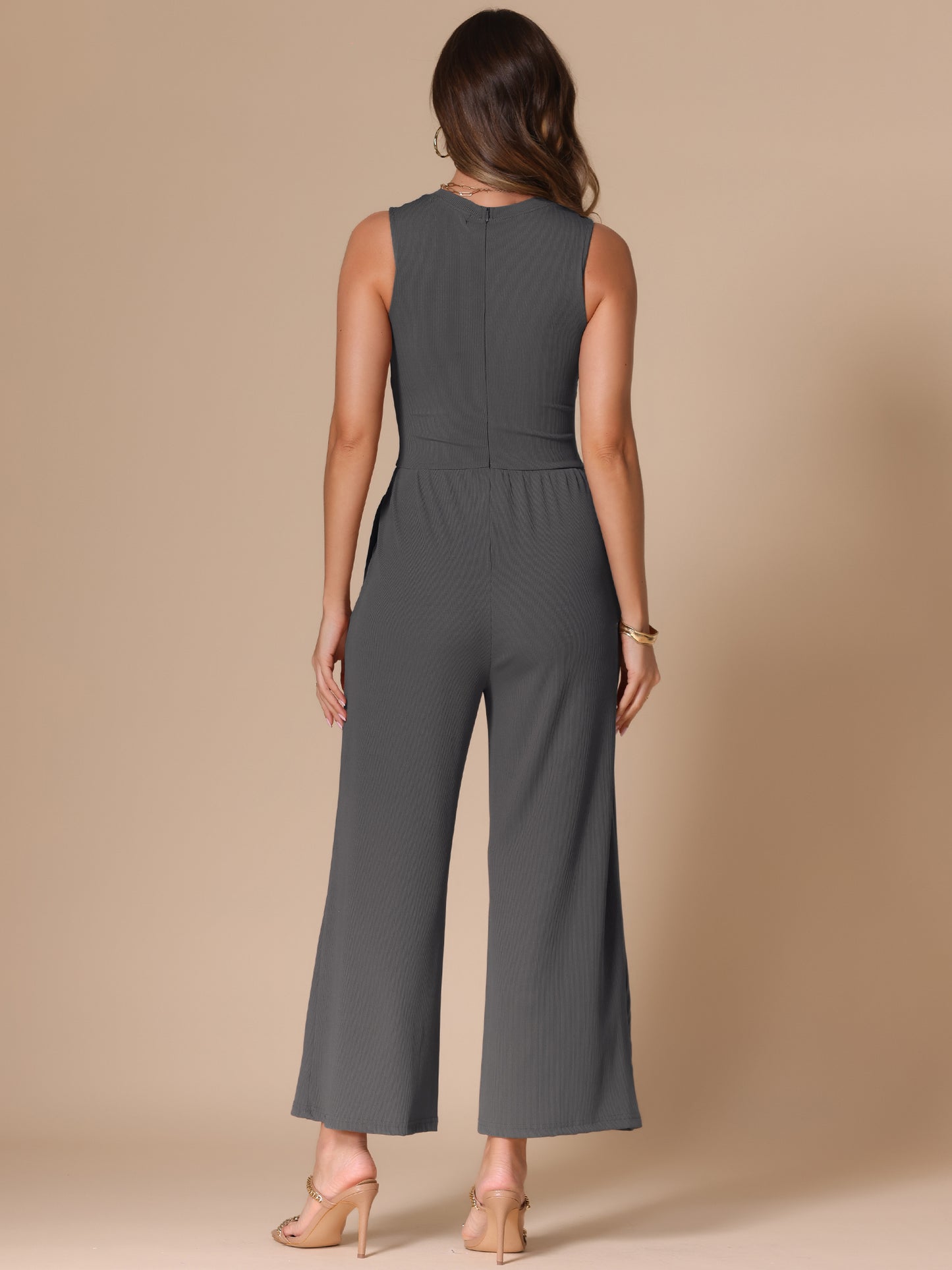 Women's Summer Jumpsuit Dressy Casual Outfits Sleeveless Crewneck Wide Leg Pants