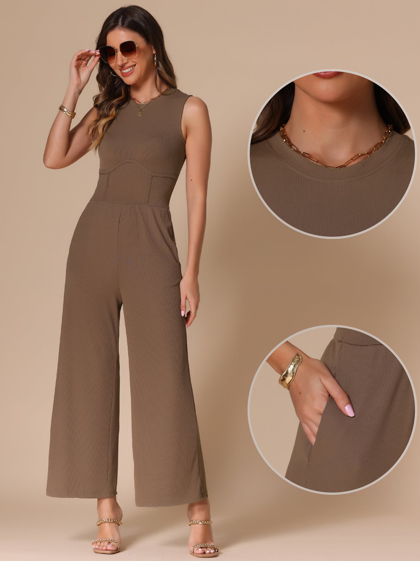 Women's Summer Jumpsuit Dressy Casual Outfits Sleeveless Crewneck Wide Leg Pants