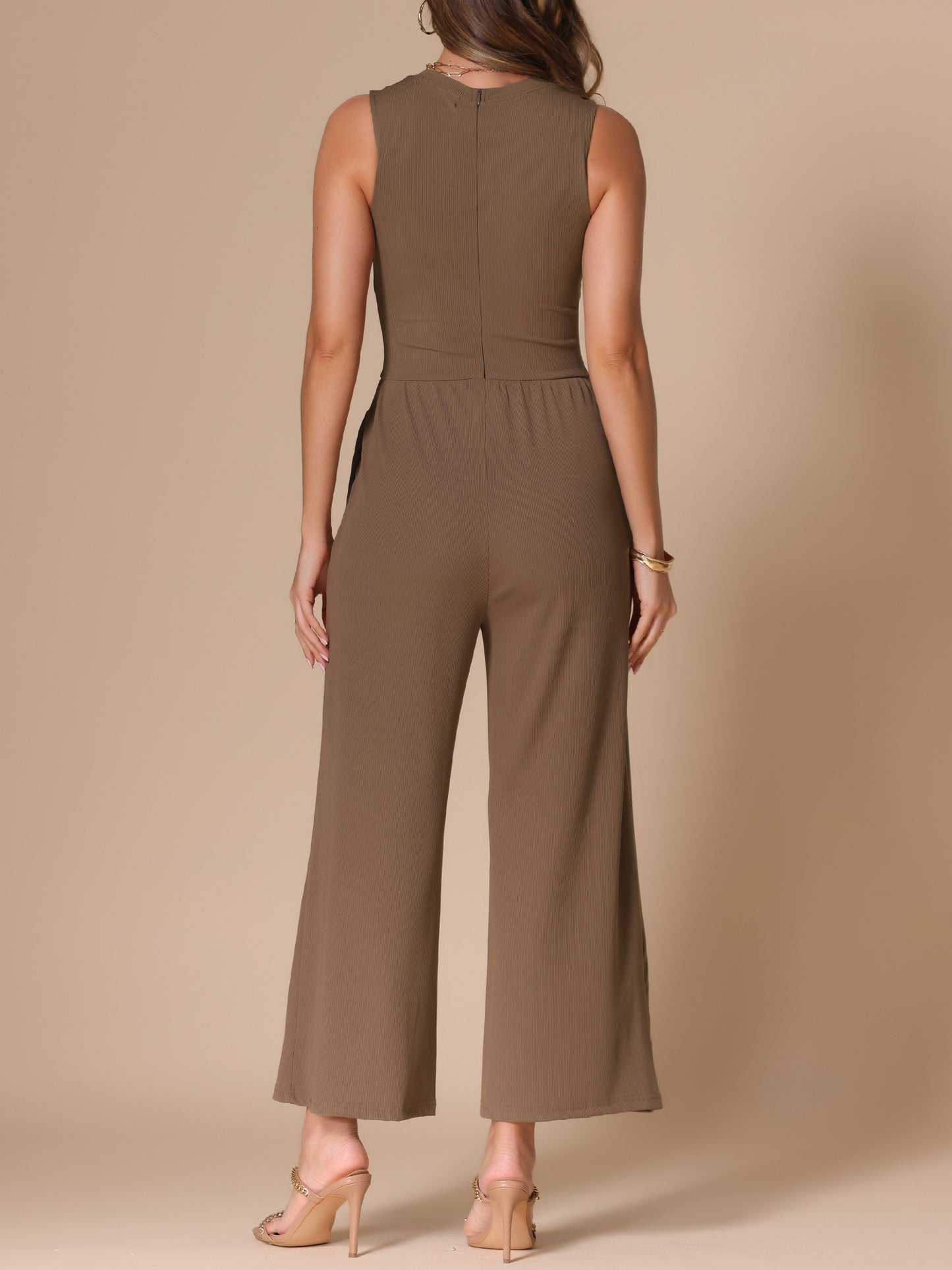 Women's Summer Jumpsuit Dressy Casual Outfits Sleeveless Crewneck Wide Leg Pants