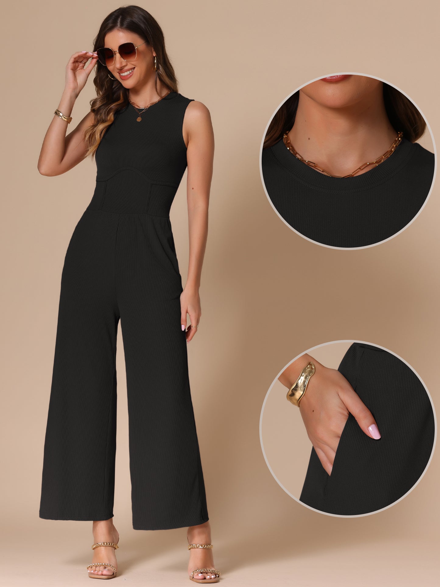 Women's Summer Jumpsuit Dressy Casual Outfits Sleeveless Crewneck Wide Leg Pants