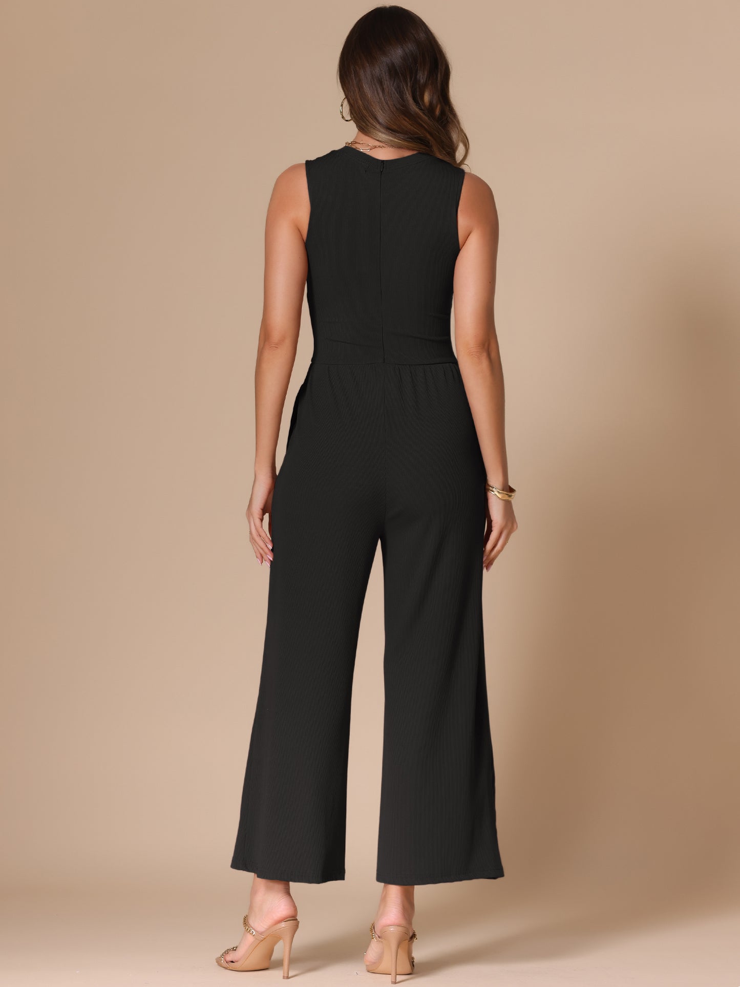 Women's Summer Jumpsuit Dressy Casual Outfits Sleeveless Crewneck Wide Leg Pants