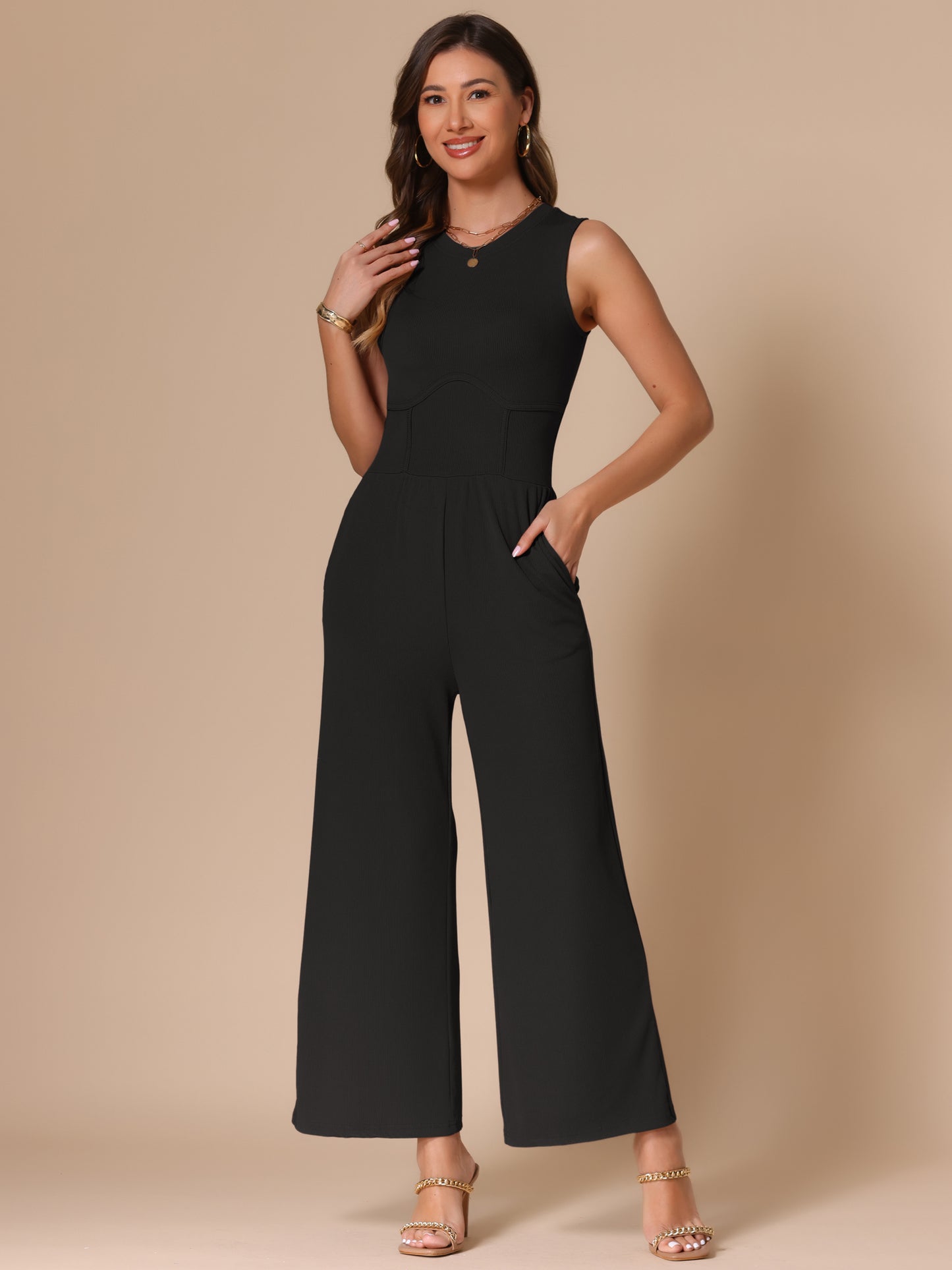 Women's Summer Jumpsuit Dressy Casual Outfits Sleeveless Crewneck Wide Leg Pants