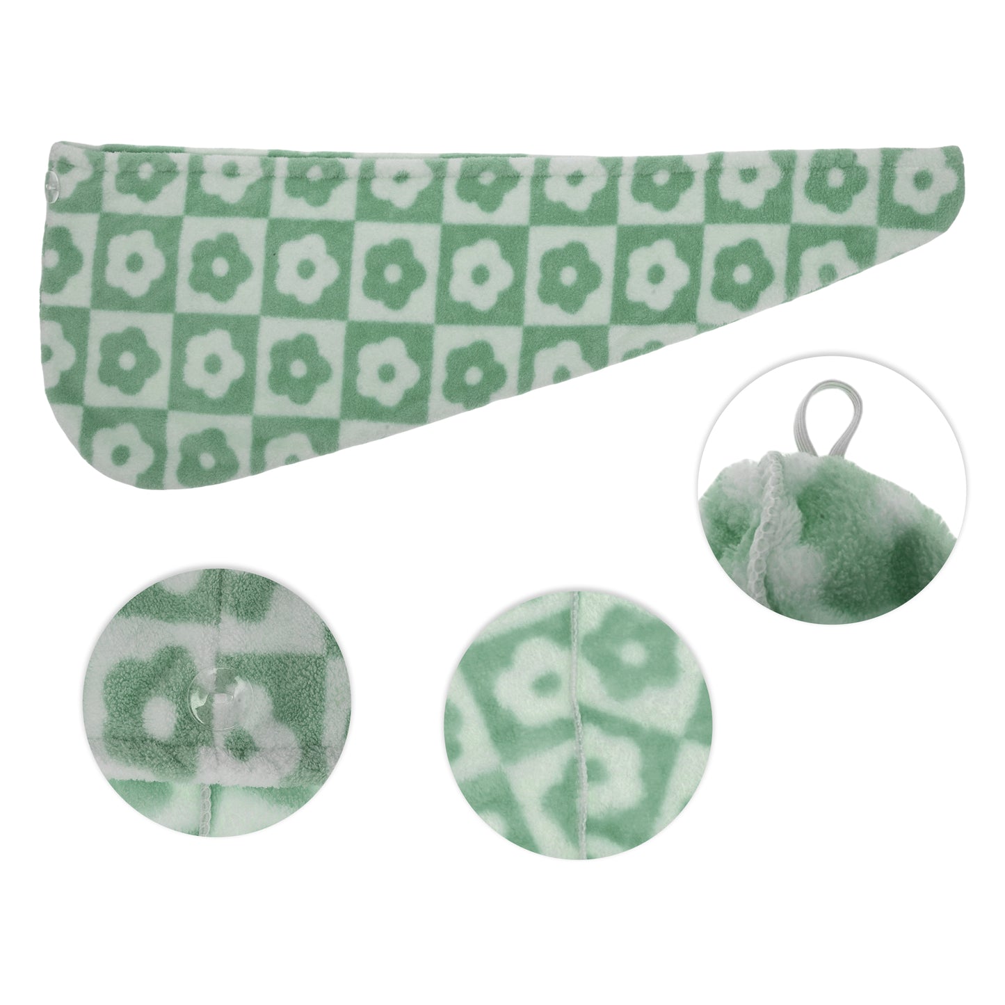 1 Pc Women Soft Checkered Flowers Hair Towel Wrap for Bathroom Green