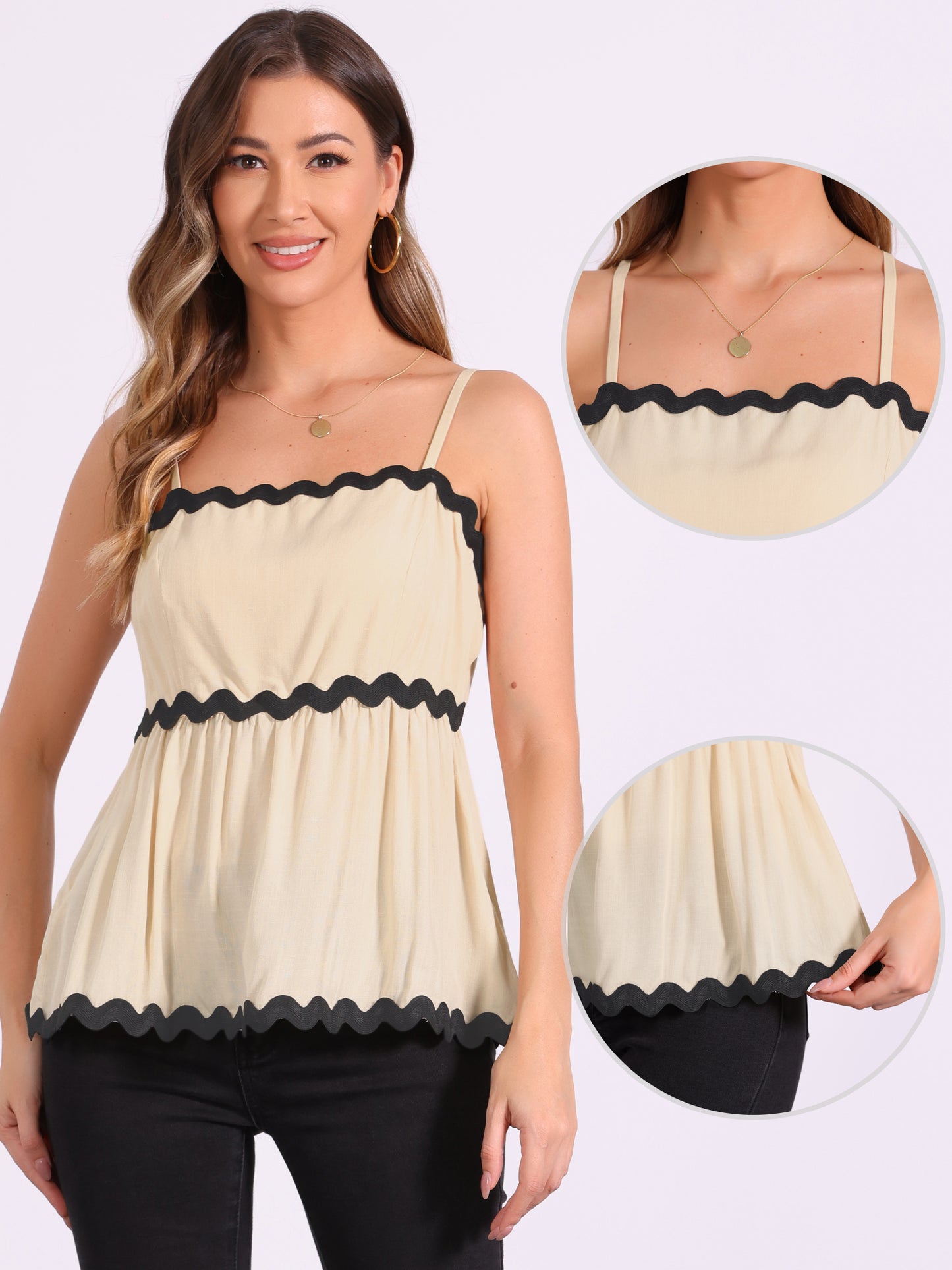 Women's Summer Cami Top Adjustable Spaghetti Straps Sleeveless Contrast Color Peplum Tank Top