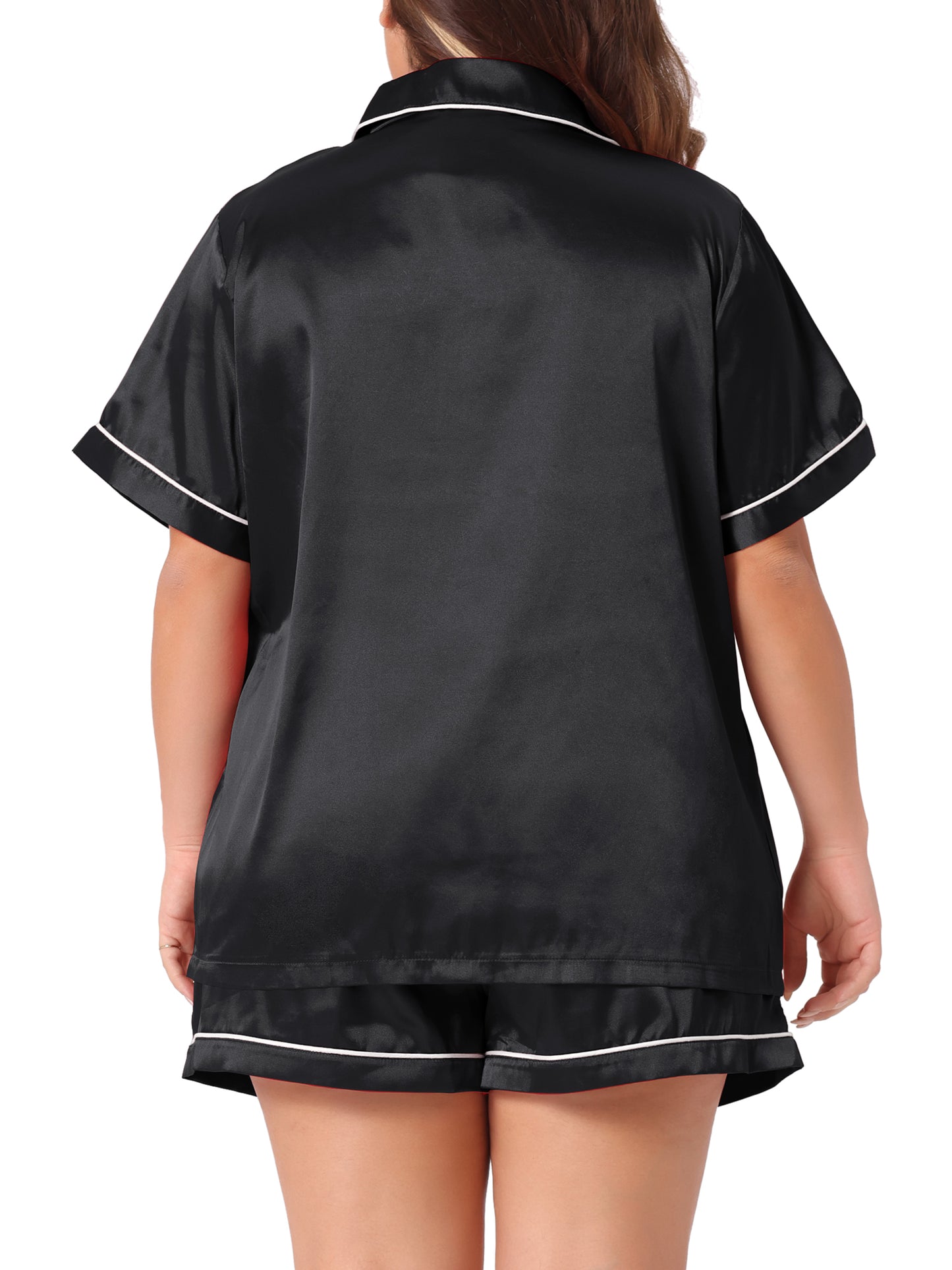 Conjunto de pijama de talla grande para mujer, blusa de satén con botones y pantalones cortos, 2 piezas, con bolsillo