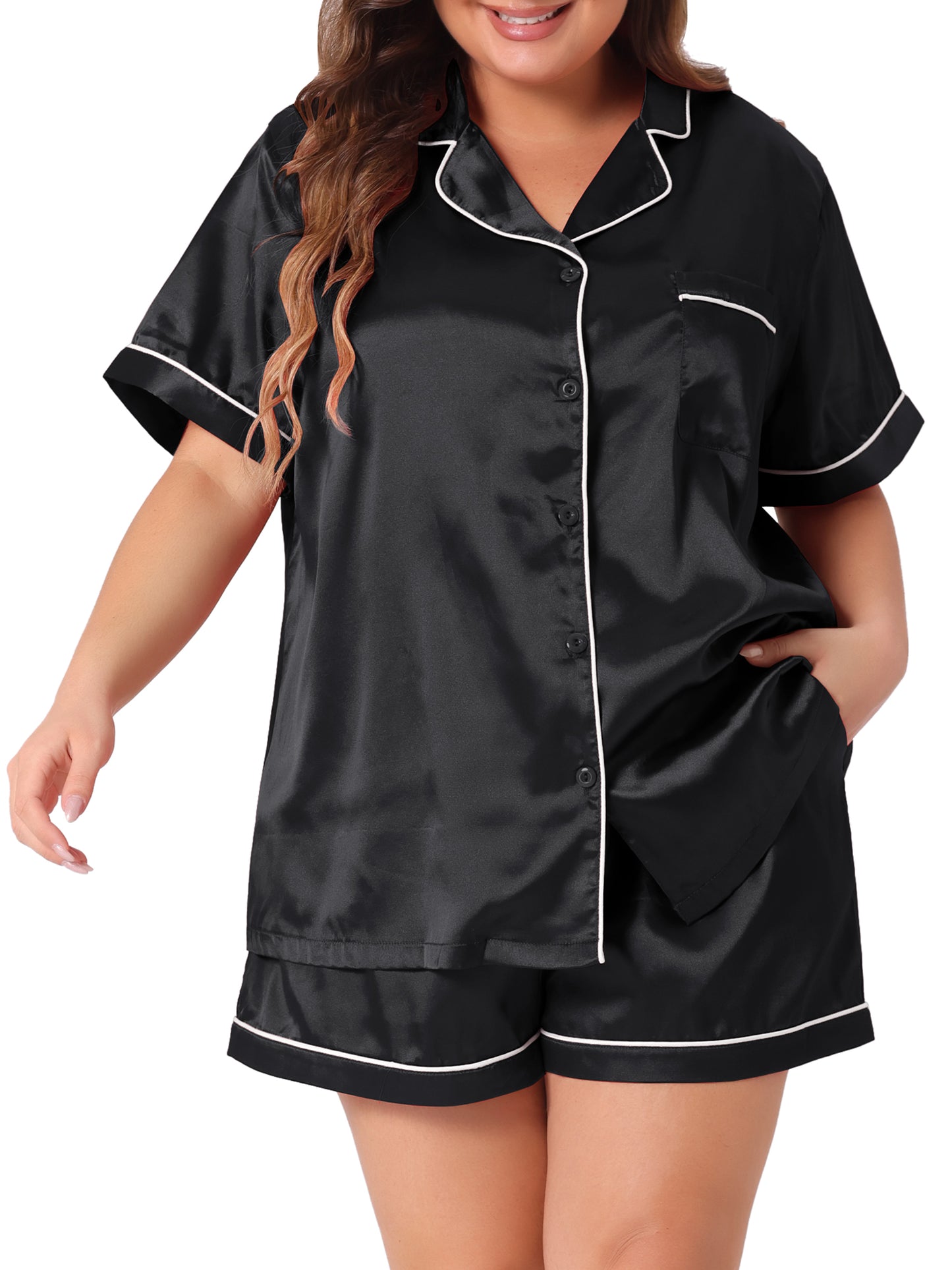 Conjunto de pijama de talla grande para mujer, blusa de satén con botones y pantalones cortos, 2 piezas, con bolsillo