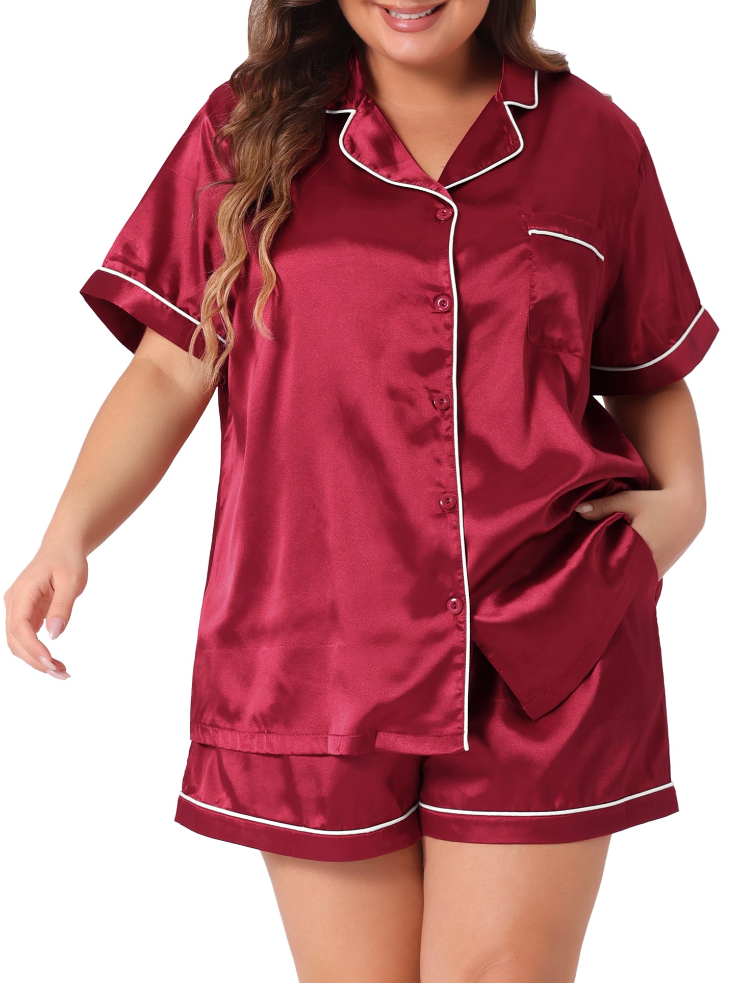 Women Plus Size Pajamas Set Satin Button Down Tops Sleepwear Pajama Shorts 2 Pcs Lounge Sets with Pocket