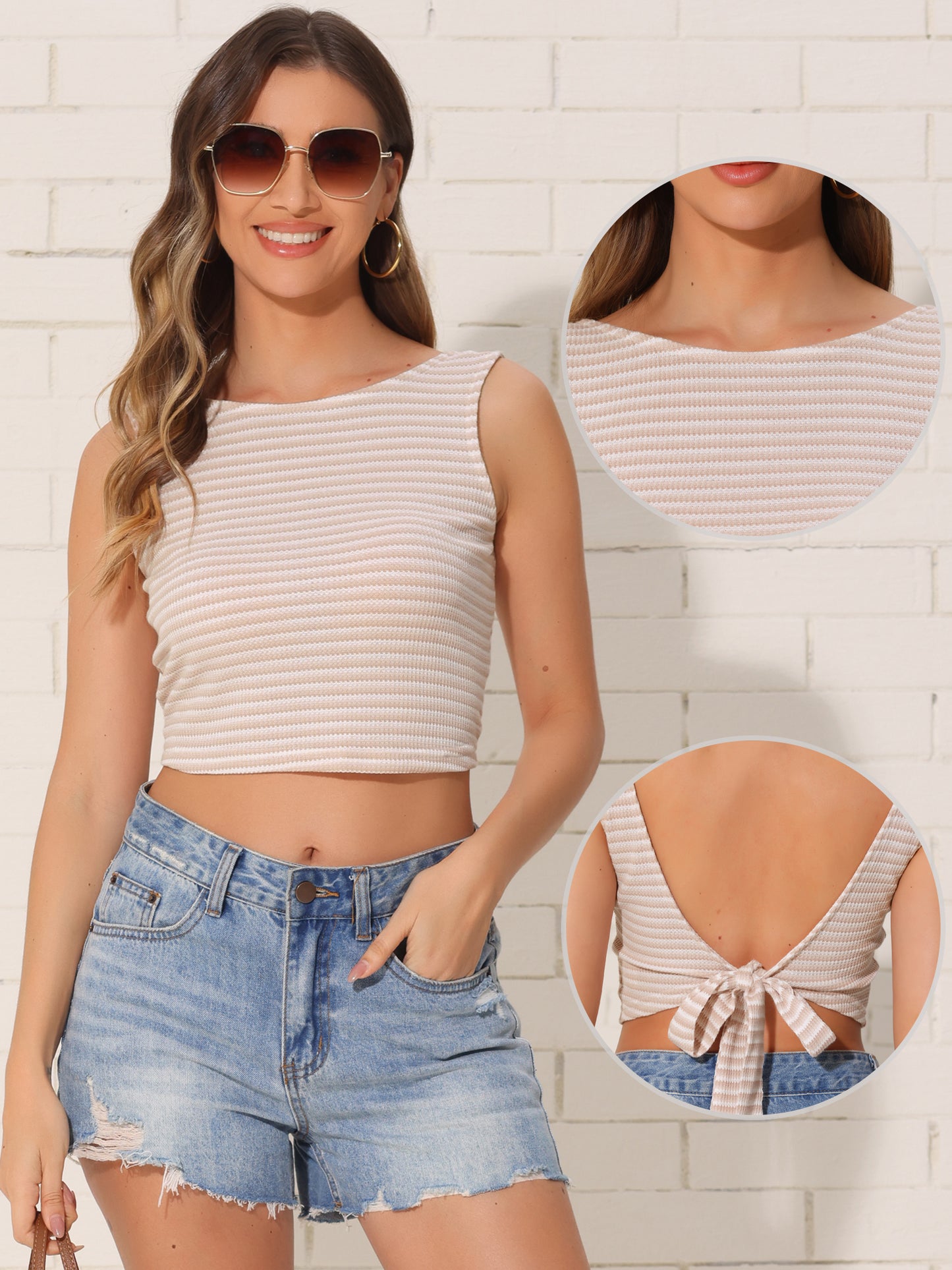 Women's Round Neck Self Tie Backless Casual Cropped Tank Top