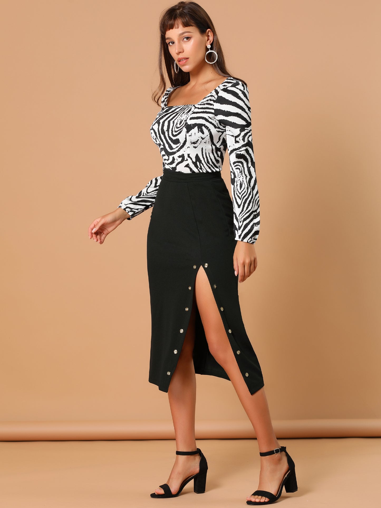 Women's Elastic Waist High Slit Skirts Solid Color Causal Button Decor A-Line Midi Skirt