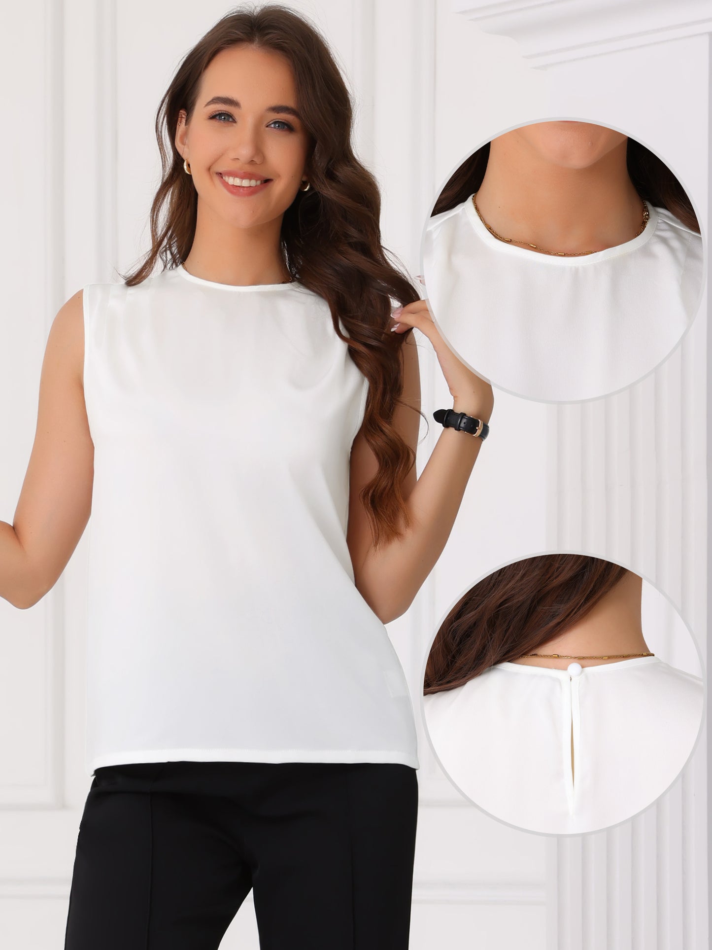 Women's Round Neck Sleeveless Basic Pleated Summer Tank Top