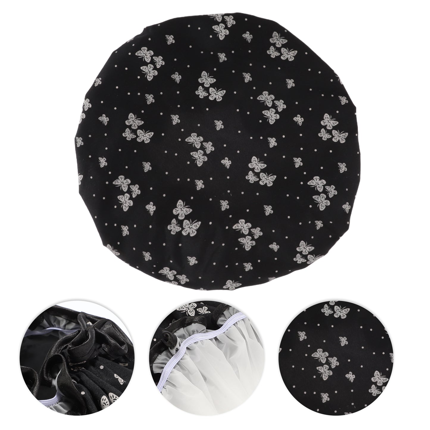 1 Pc Women Double Layer Butterfly Shower Cap for Bathroom Vacation Travel Black