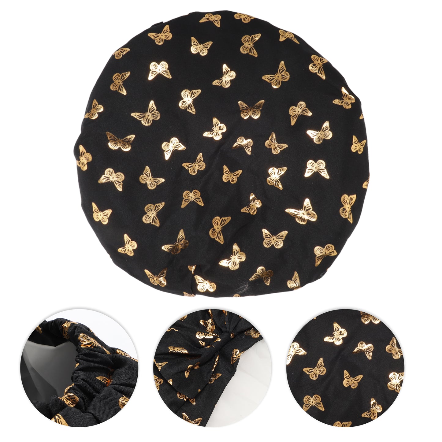 1 Pc Women Double Layer Gilded Bow Shower Cap for Bathroom Vacation Travel Black