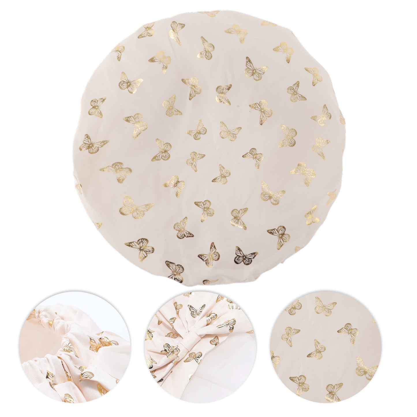 1 Pc Women Double Layer Gilded Bow Shower Cap for Bathroom Vacation Travel Beige