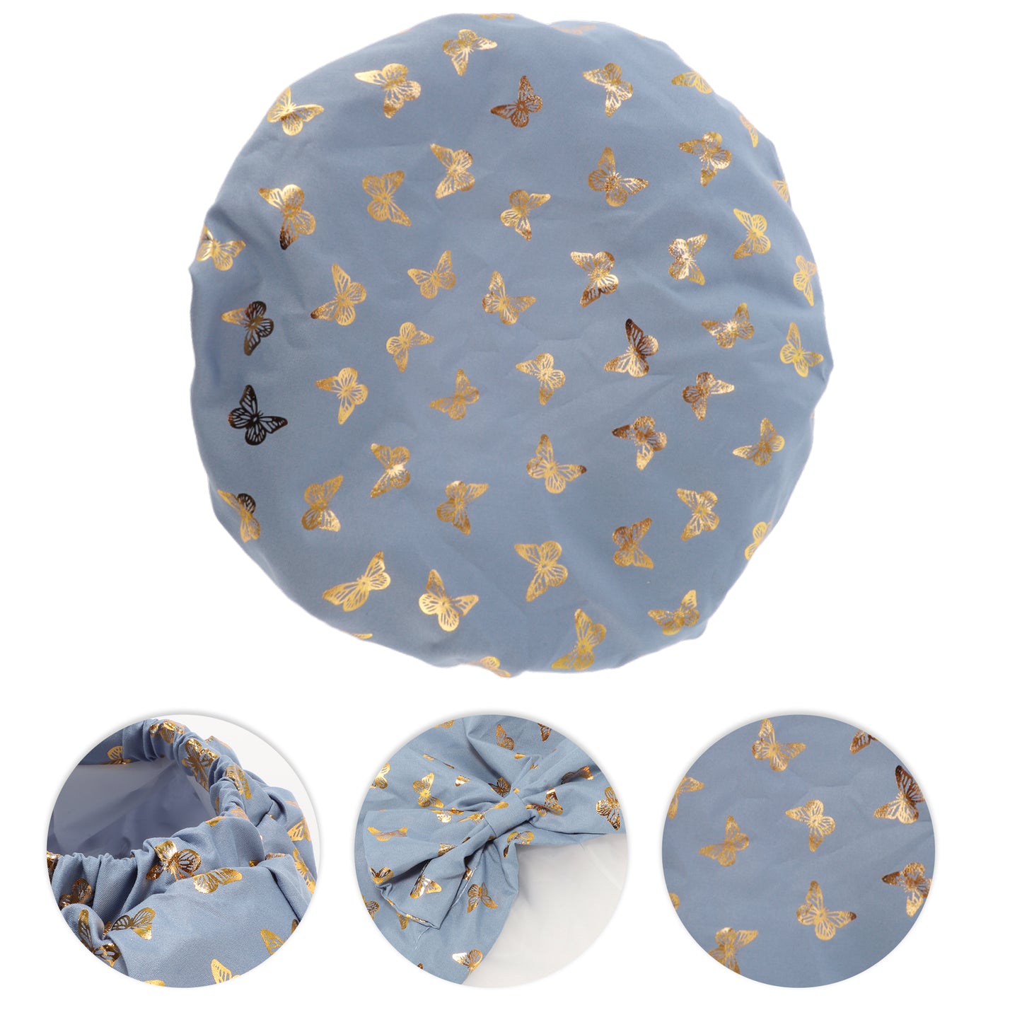 1 Pc Women Double Layer Gilded Bow Shower Cap for Bathroom Vacation Travel Blue