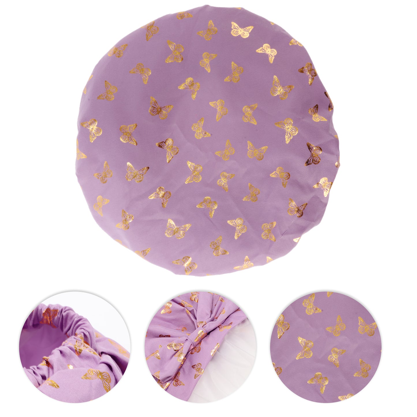 1 Pc Women Double Layer Gilded Bow Shower Cap for Bathroom Vacation Travel Purple