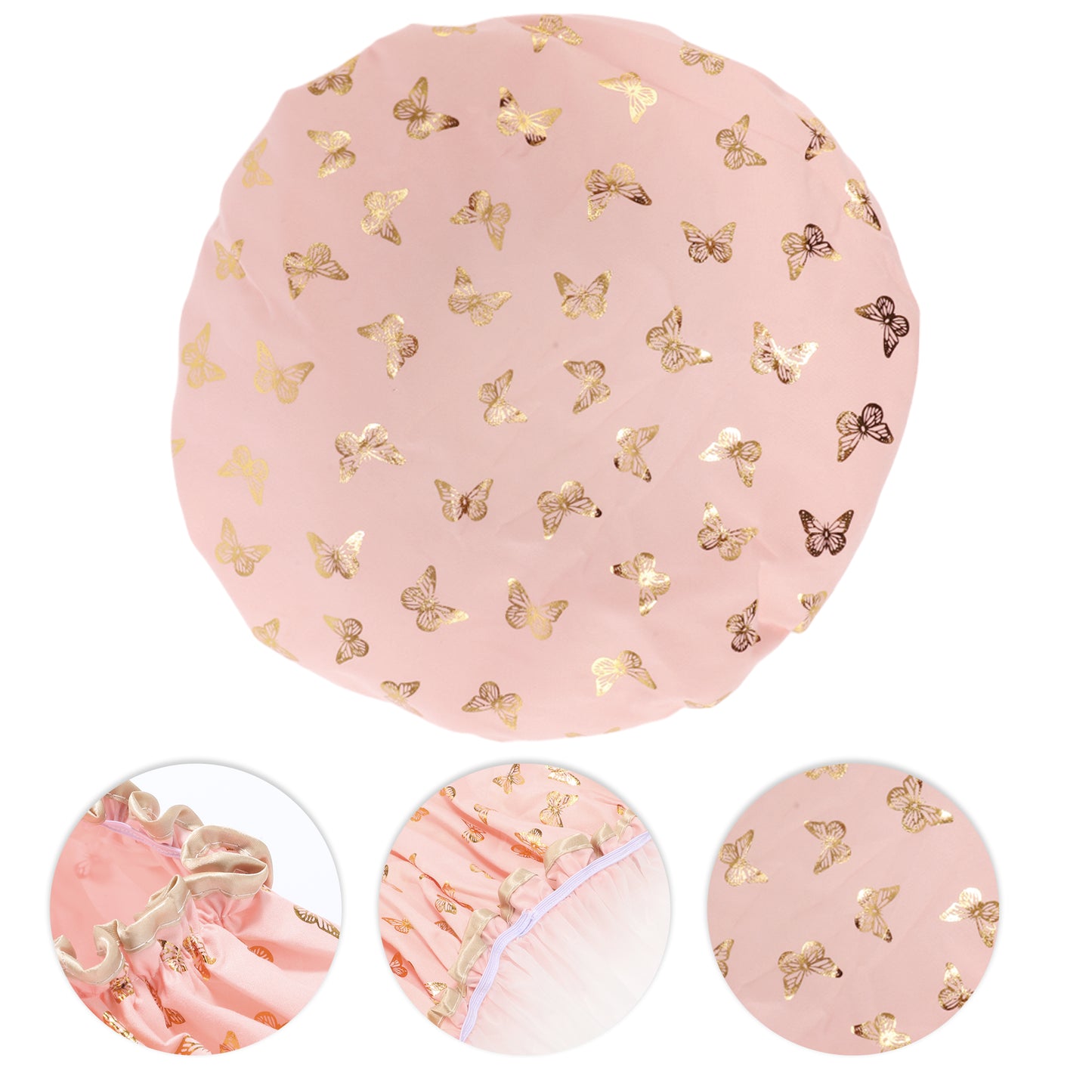 1 Pc Women Double Layer Gilded Butterfly Shower Cap for Bathroom Vacation Pink