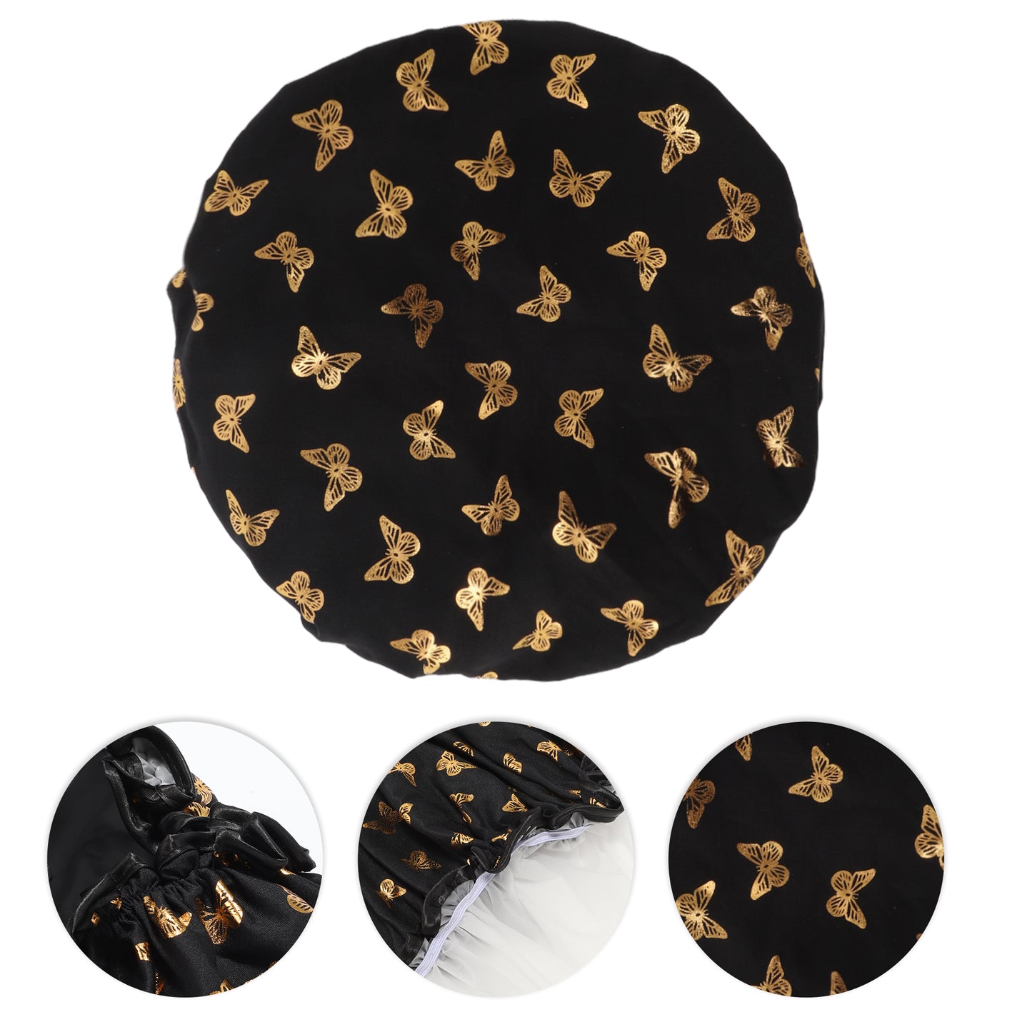 1 Pc Women Double Layer Gilded Butterfly Shower Cap for Bathroom Vacation Black