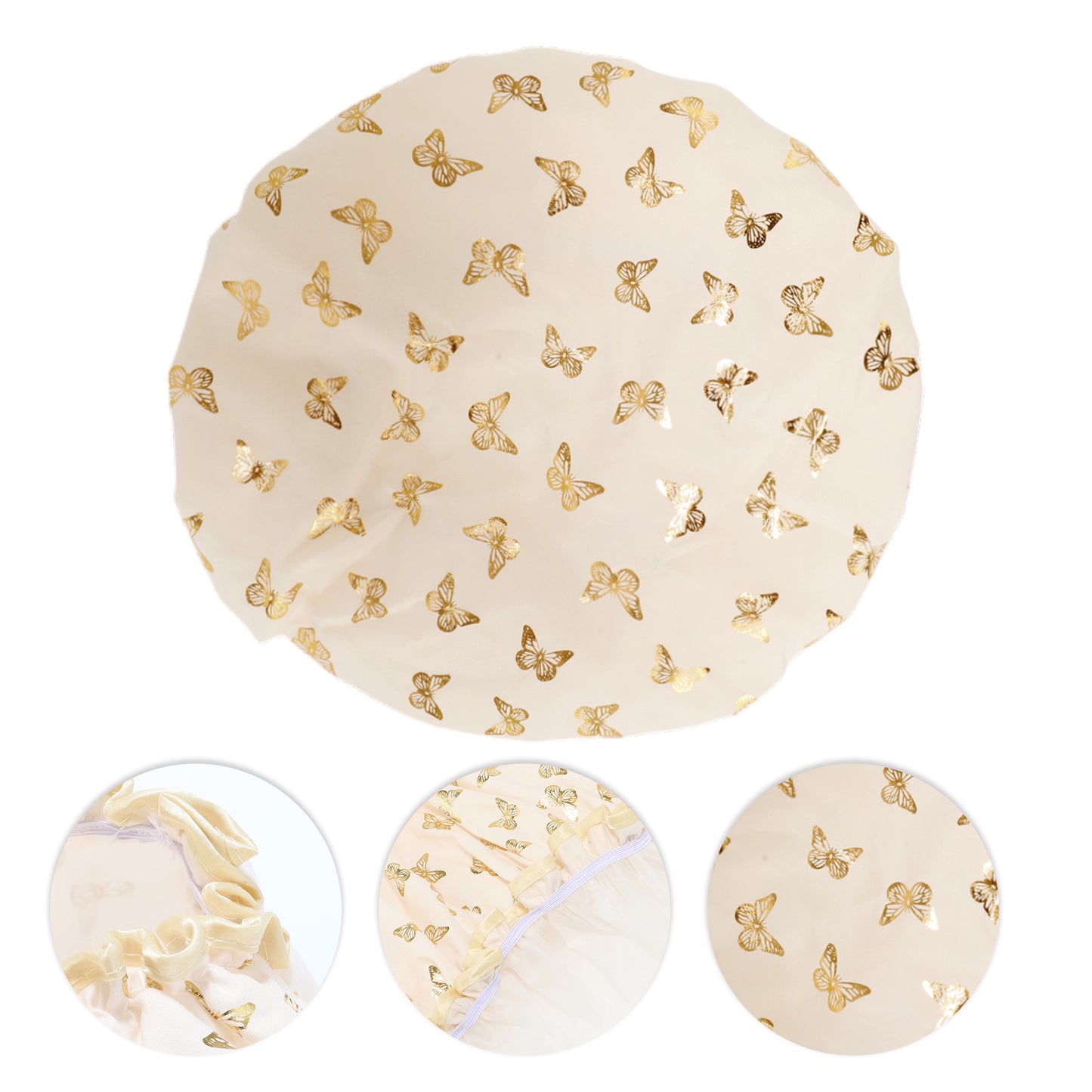 1 Pc Women Double Layer Gilded Butterfly Shower Cap for Bathroom Vacation Beige