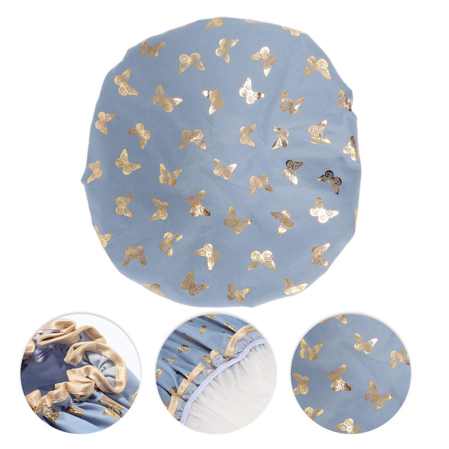 1 Pc Women Double Layer Gilded Butterfly Shower Cap for Bathroom Vacation Blue